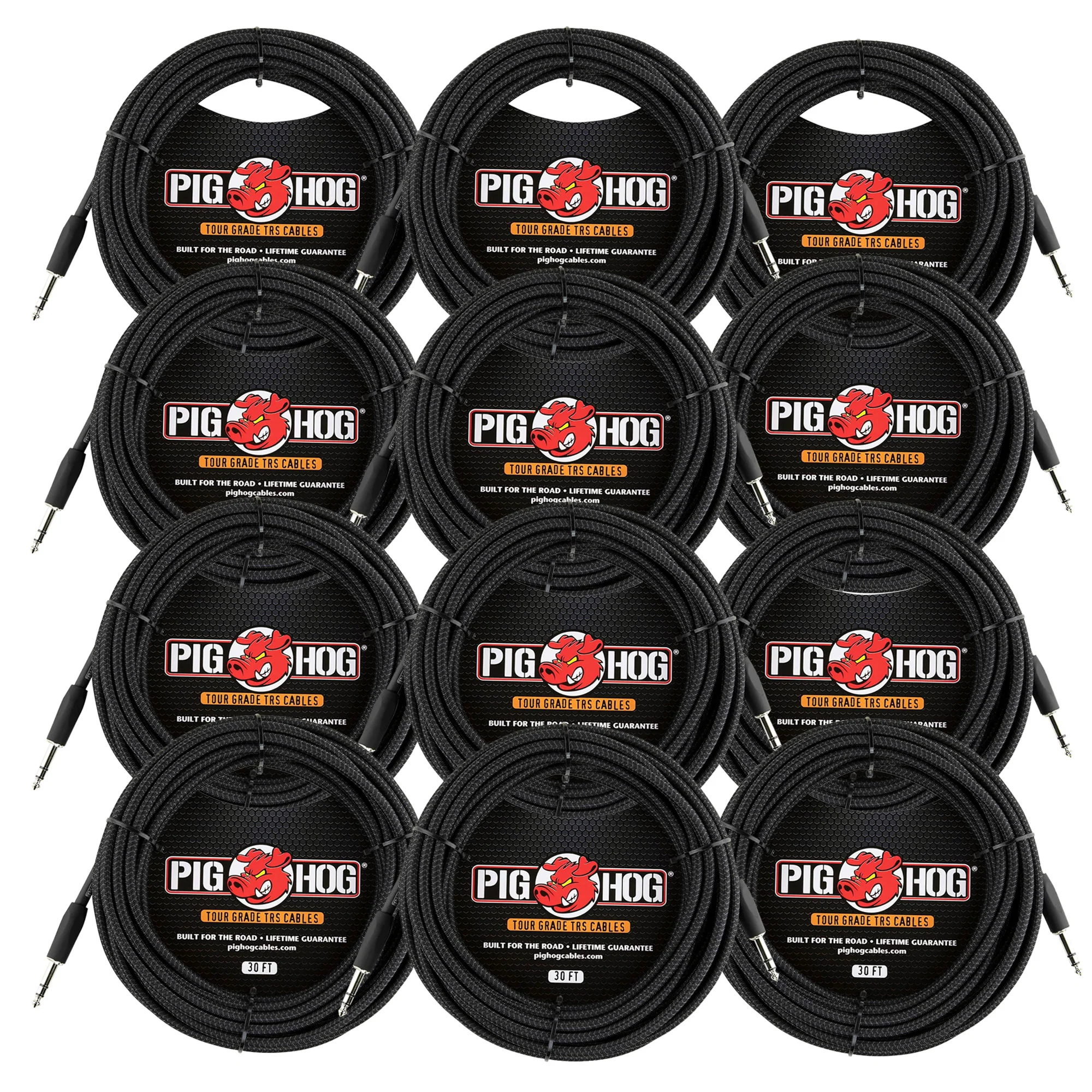 Pig Hog PTRS30BK Black Woven TRS Cable 30ft - 12 Pack