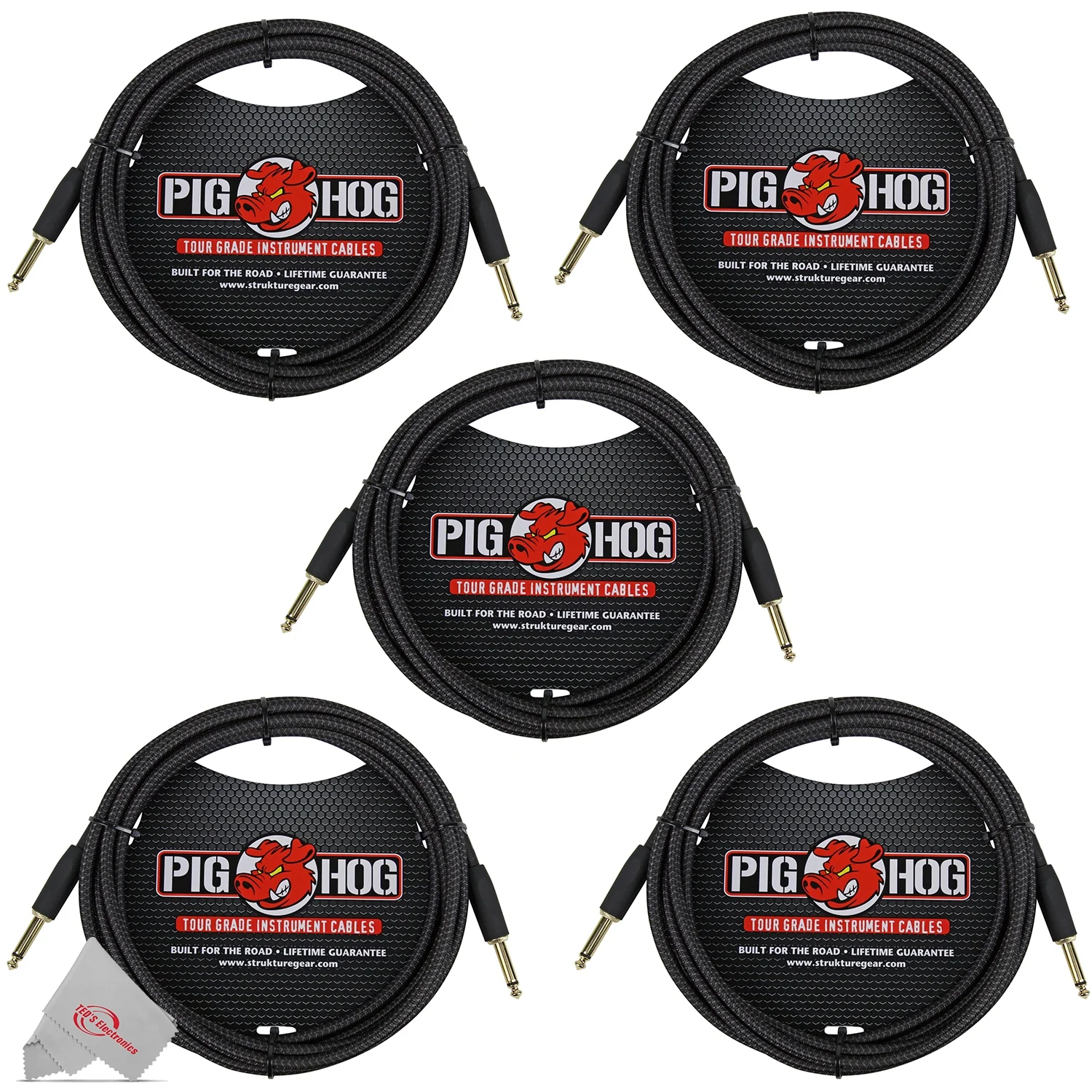 Pig Hog Black Woven Tour Grade Instrument Cable 1/4" to 1/4" Straight 10ft , PCH10BK - 5 Units - Image 2
