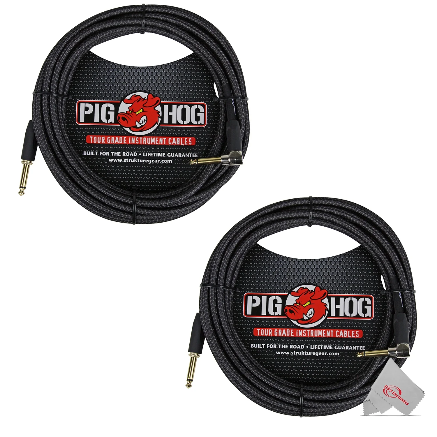 Pig Hog Black Woven Tour Grade Instrument Cable 1/4" to 1/4" Right Angle 20ft PCH20BKR - 2 Units - Image 2