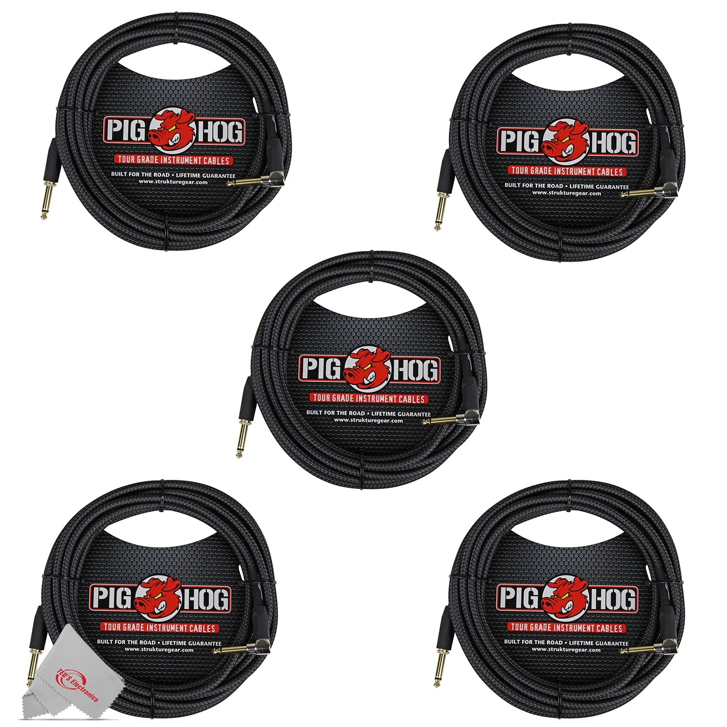Pig Hog Black Woven Tour Grade Instrument Cable 1/4" to 1/4" Right Angle 20ft PCH20BKR - 5 Units - Image 2