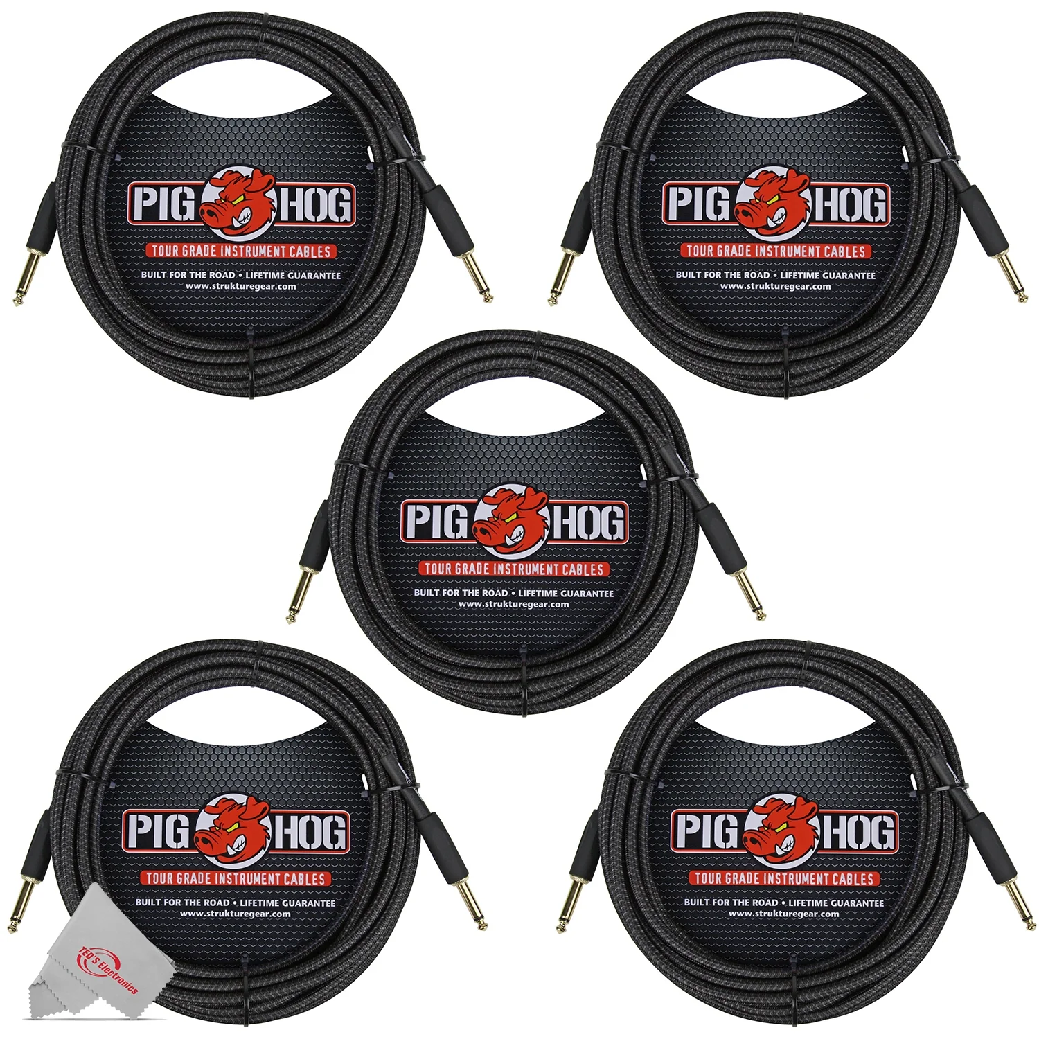 Pig Hog Black Woven Tour Grade Instrument Cable 1/4" to 1/4" Straight 20ft PCH20BK  - 5 Units - Image 2