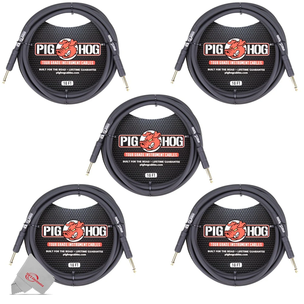 Pig Hog Tour Grade 10ft Instrument Cable 1/4 Inch to 1/4 Inch Straight Connectors Black - PH10 - 5 Units