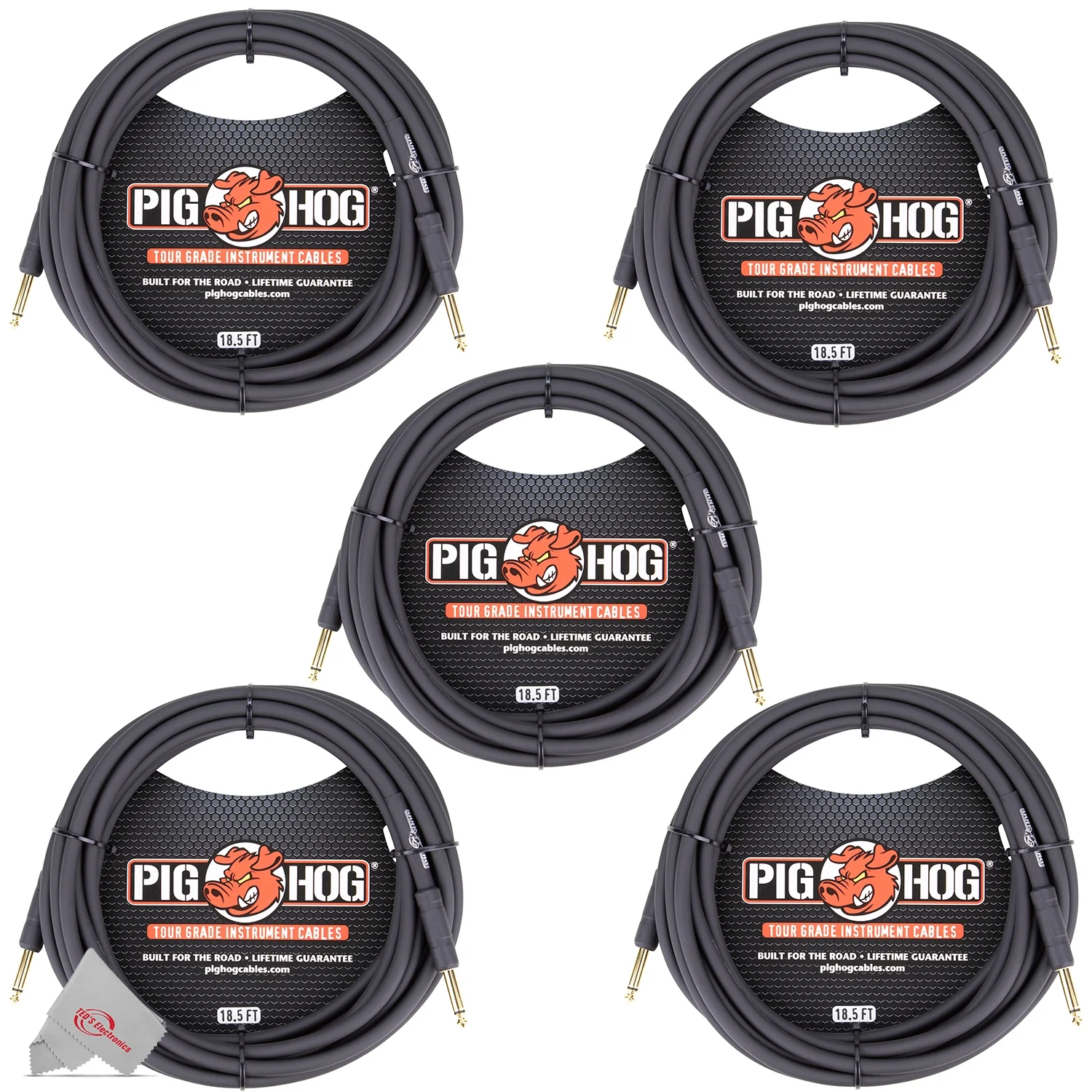 Pig Hog Tour Grade 18.5 ft Instrument Cable 1/4 Inch to 1/4 Inch Straight Connectors - PH186 - 5 Units