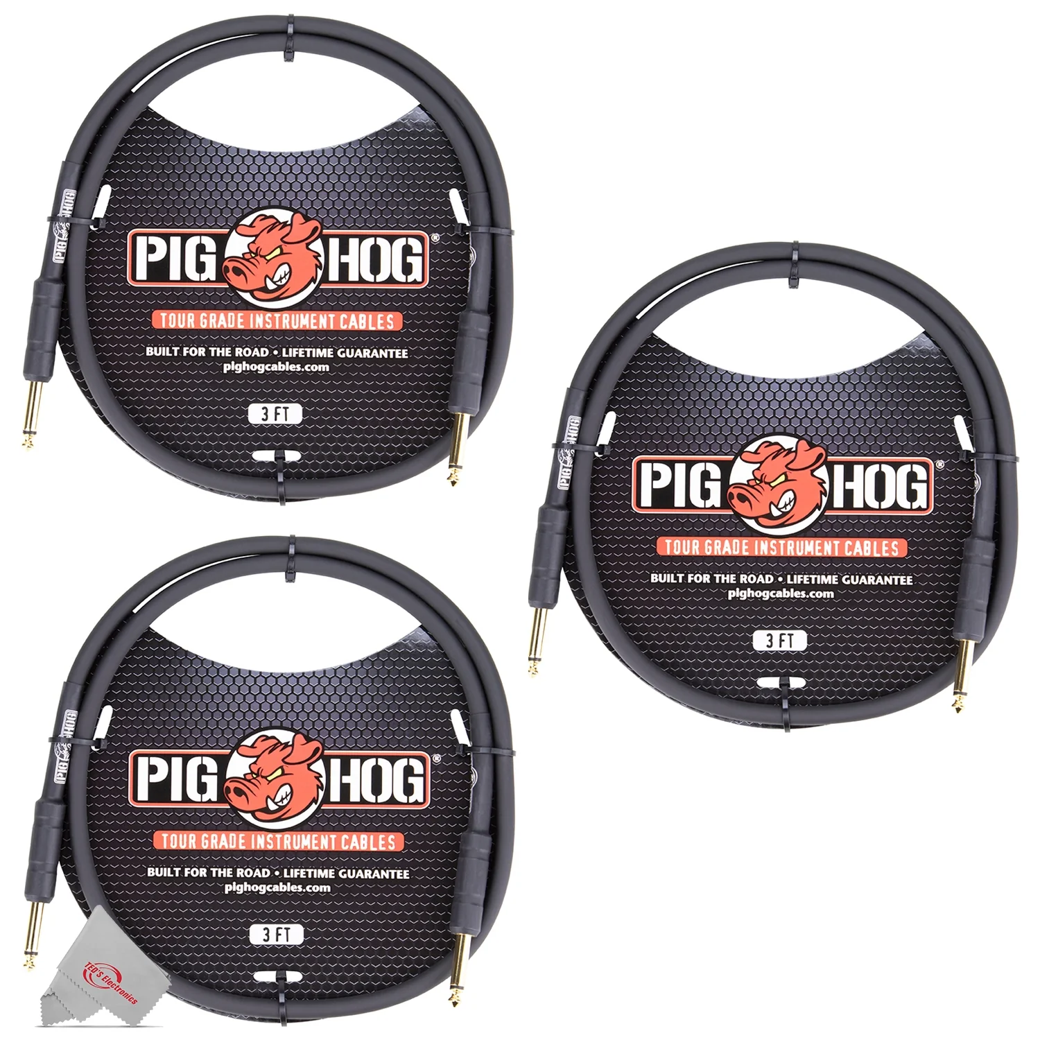 Pig Hog Tour Grade 3 ft Instrument / Patch Cable 1/4 Inch to 1/4 Inch Straight Connectors - PH3 - 3 Units