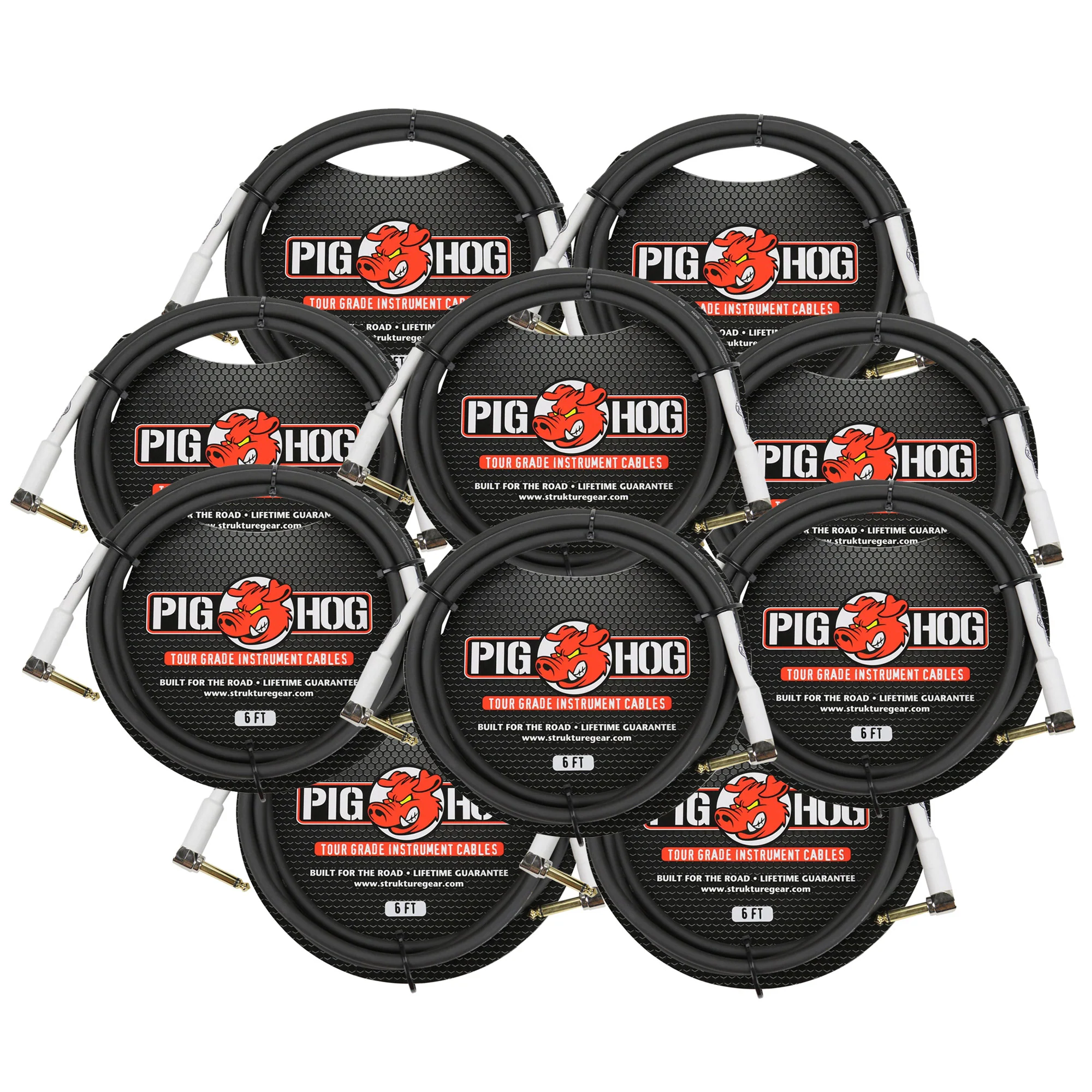 Pig Hog Tour Grade 6 ft Instrument Cable 1/4" to 1/4" Right Angle Connectors (PH6RR) - 10 Pack