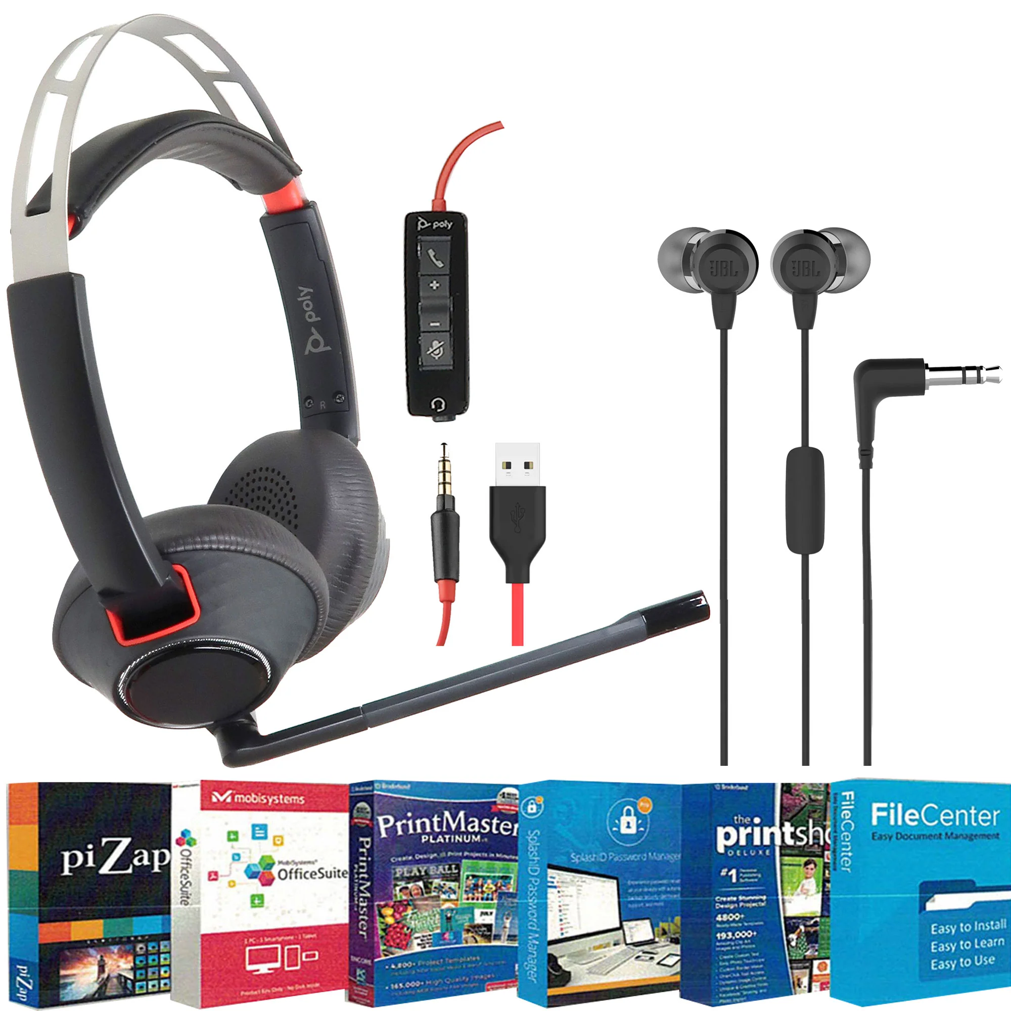Poly Blackwire 5220 Stereo Wired Headset with Tech Smart USA Printer Essentials Digital Download Card for PC and JBL C50HI In-Ear Headphones Black