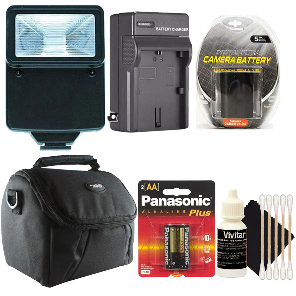 Slave Flash + AA Batteries + LP-E6 Replacement Battery + Charger + Case + 3pc Cleaning Kit