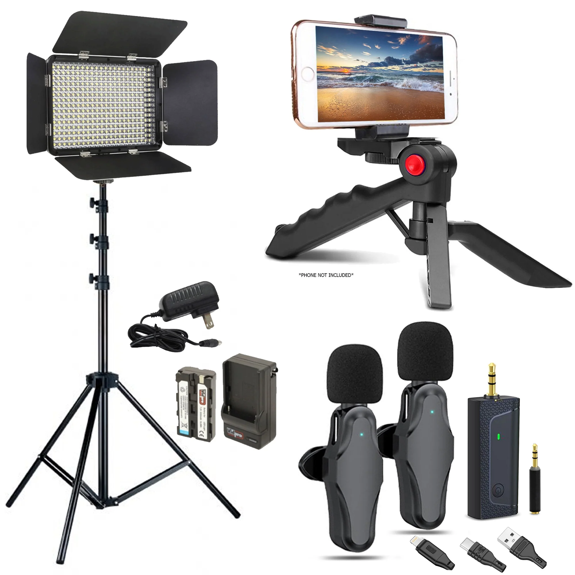Smartphone Essentials for YouTubers Podcasters with 2-Person Wireless Mic Set, LED Light Panel, Phone Holder + More