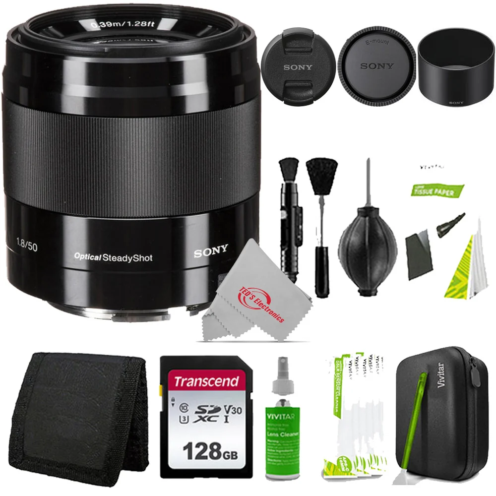 Sony E 50mm f/1.8 OSS Optical SteadyShot Image Stabilization Lens - Black  with 128GB Accessory Kit