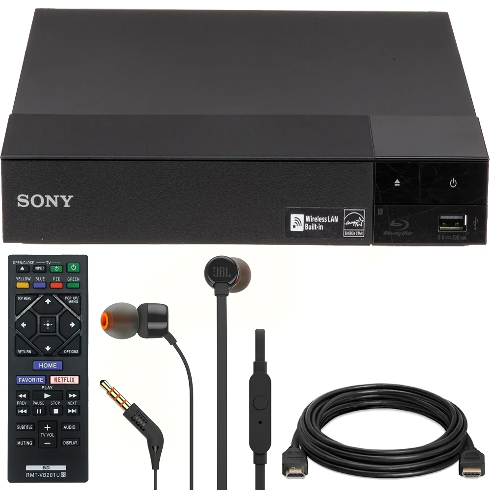 Sony Streaming BDP-S3700 1080p FHD Blu-ray Disc Player with Built-in Wi-Fi and Wireless Remote + JBL T110 in Ear Headphones & Ethernet Cable