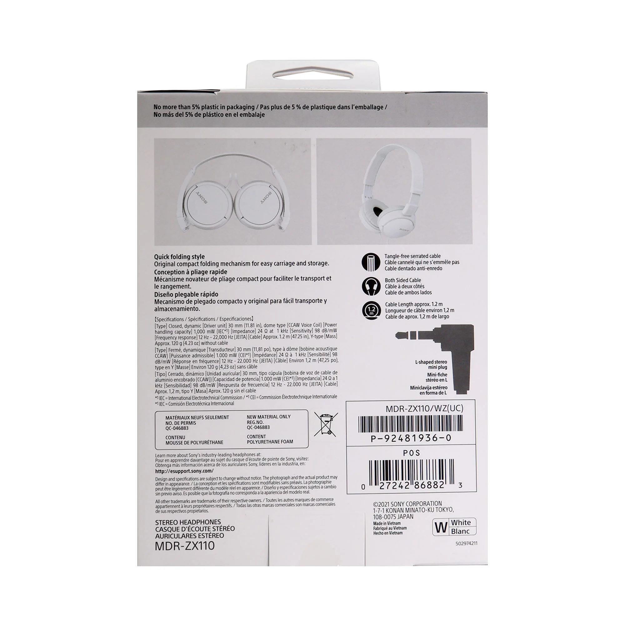 Sony MDR-ZX110 On-Ear Wired  Headphones (White) - Image 7