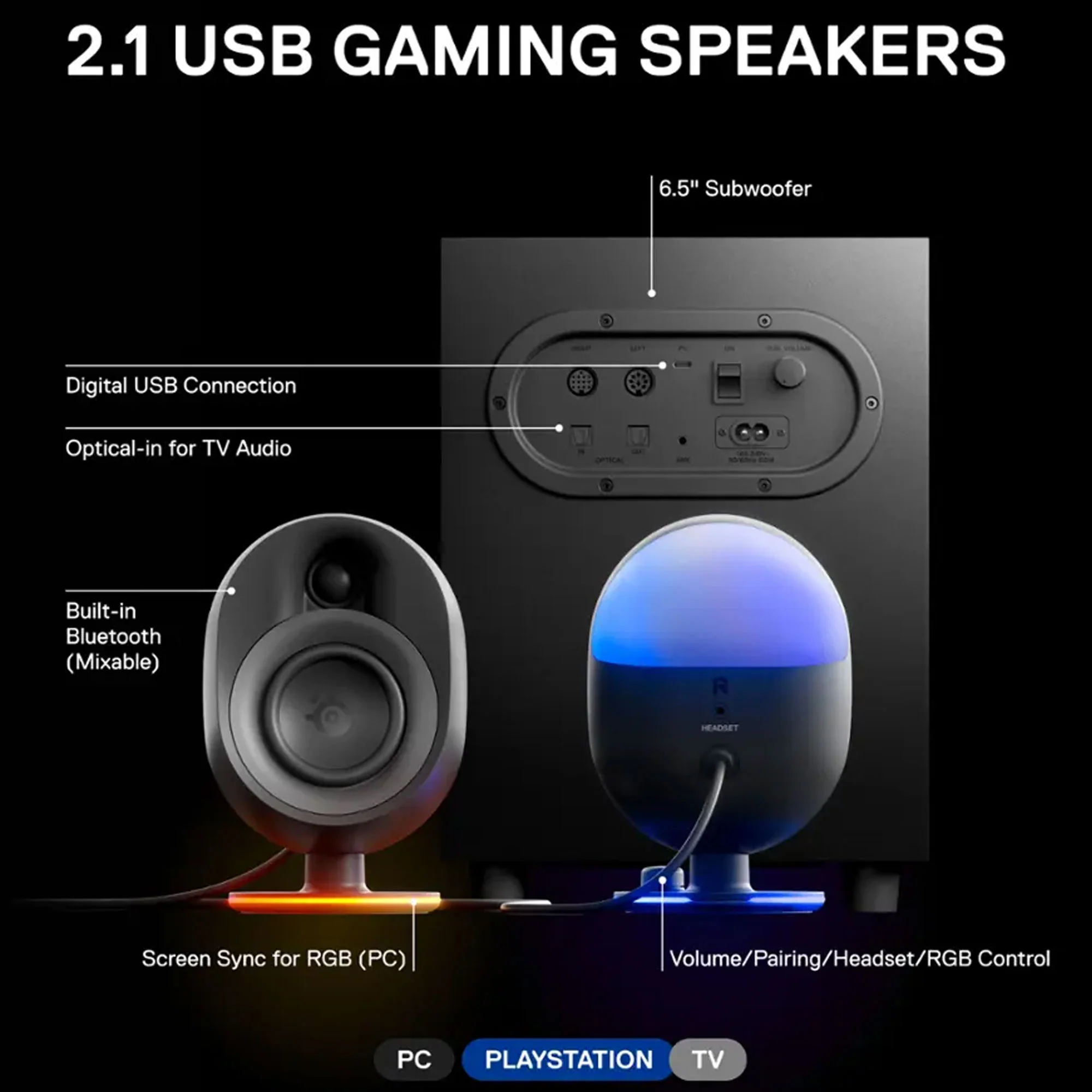 SteelSeries Arena 7 Reactive RGB Illuminated 2.1 Gaming Speakers with Powerful Bass, Subwoofer, and Bluetooth - For PC, PlayStation, Mobile - Image 6
