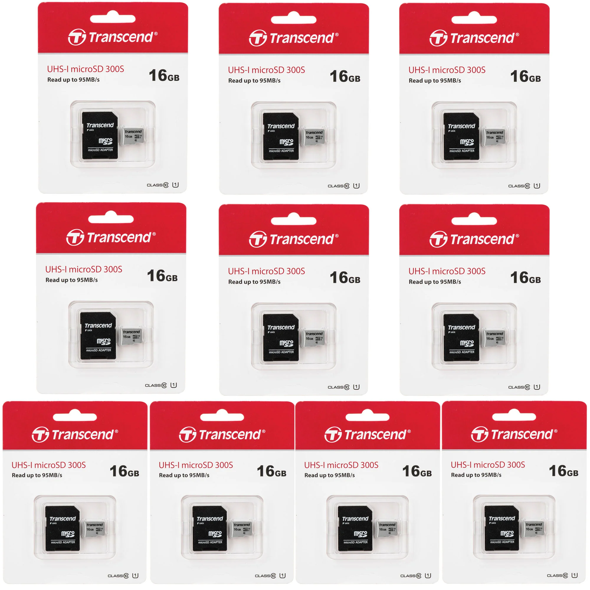 10 Unit Transcend 16GB 300s 95MB/s Class 10 Micro SDHC Memory Card with SD Adapter