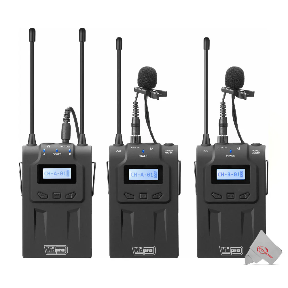 Vidpro XM-WTTR Dual Channel UHF Wireless Lavalier Microphone Set with 2 Transmitters and 1 Receiver - Image 4