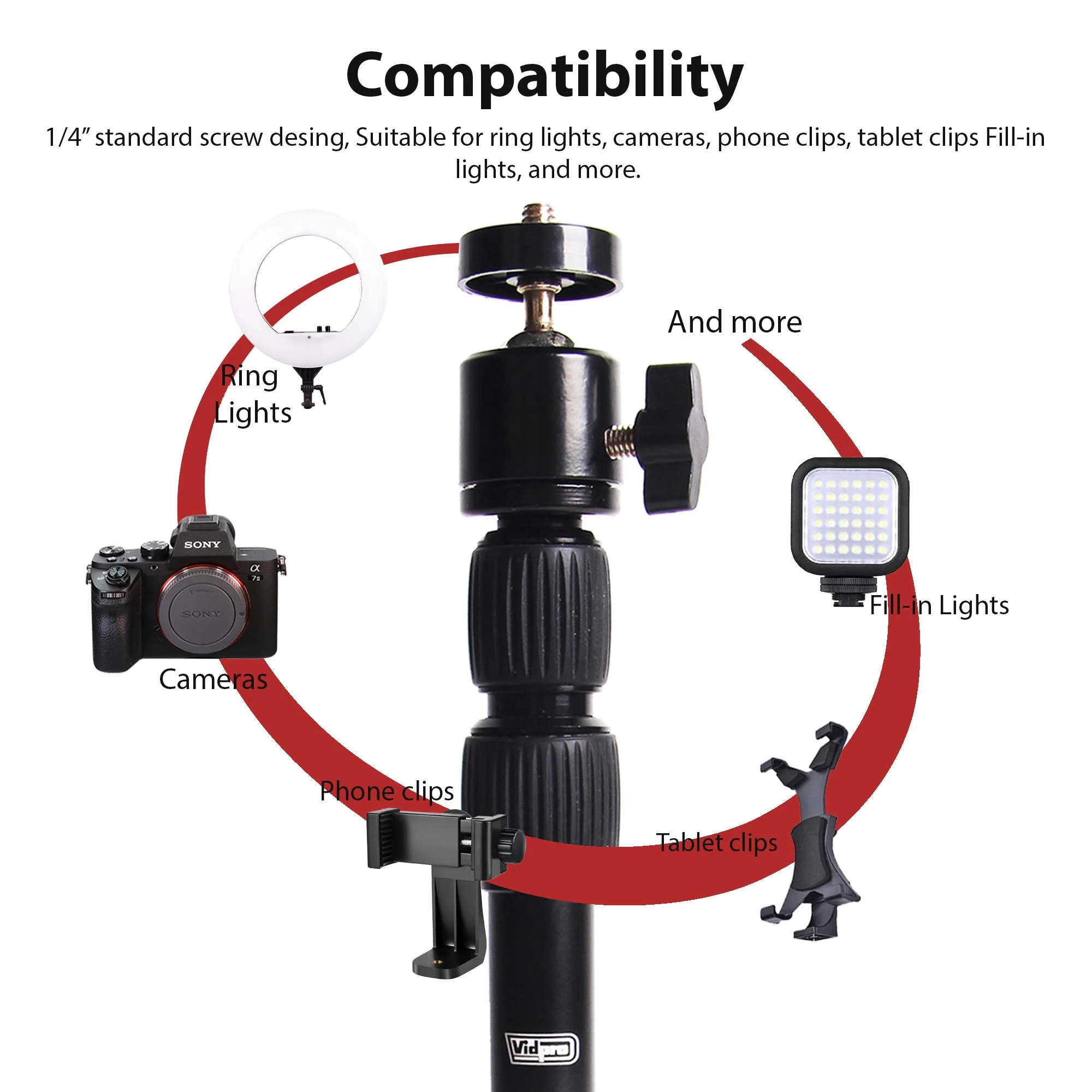 Vidpro ST18 Camera Smartphone Webcam Desktop Stand - 1/4" Screw Mount, 360° Rotatable Ball Head, 8 - 18 Inch Height Adjustable Table Stand and Vivitar IPAD HOLDER - Image 4