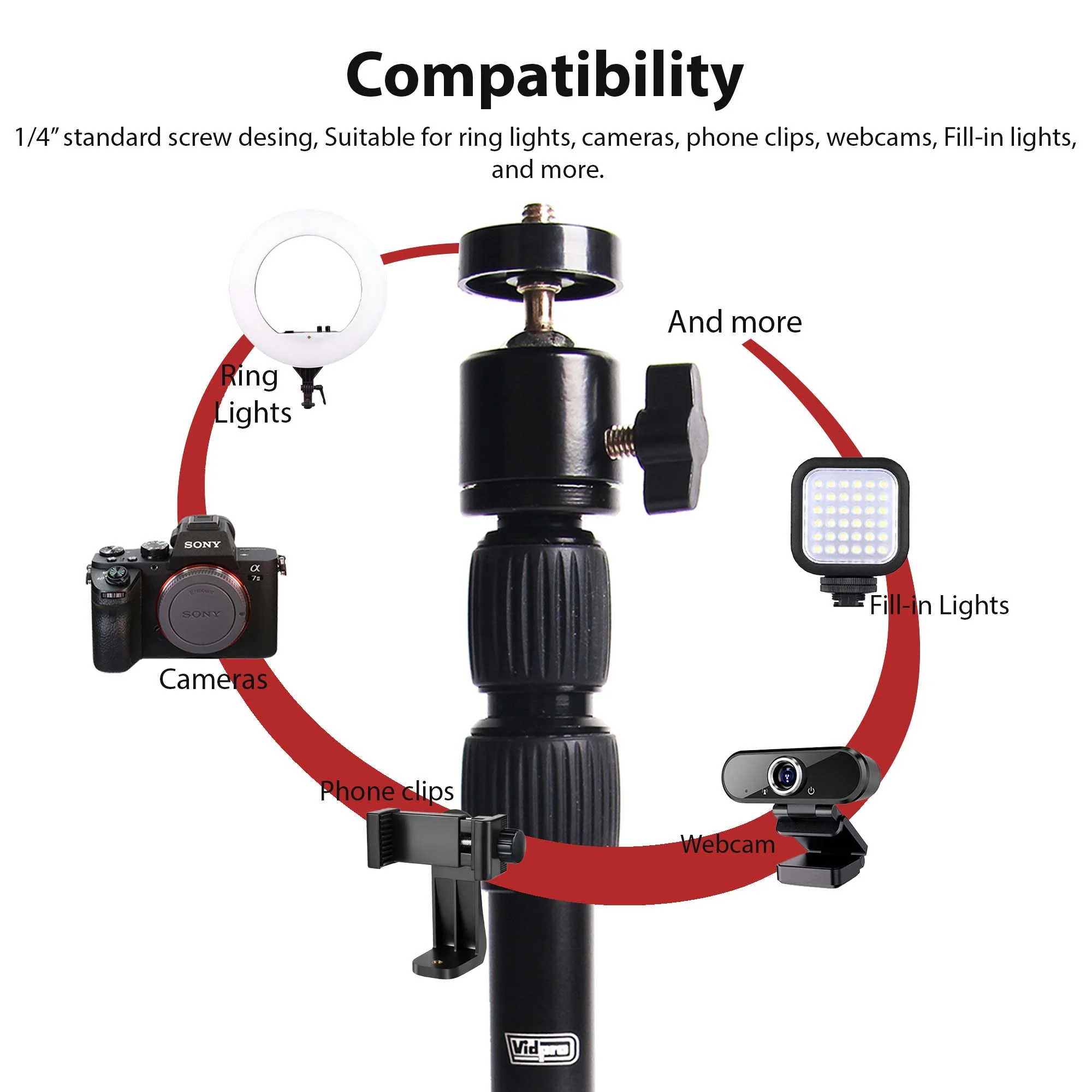 Vidpro ST18 Camera Smartphone Webcam Desktop Stand - 1/4" Screw Mount, 360° Rotatable Ball Head, 8 - 18 Inch Height Adjustable Table Stand for DSLR, Cameras, Phone, Mevo, Webcam, Lights and More - Image 5
