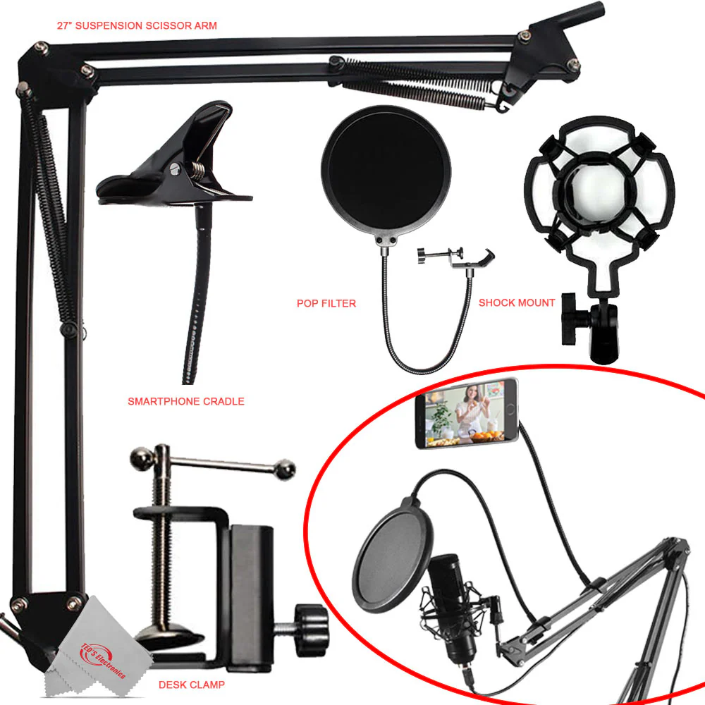 Vivitar Streaming Microphone Accessory Kit for Hands-free Studio Recording Vlogging with Adjustable Arm Desk Clam Pop Filter and More - Image 5