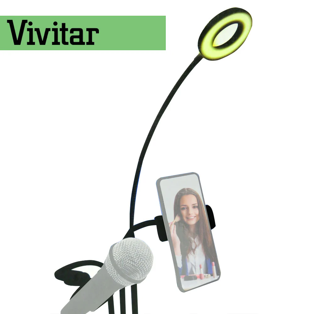 Vivitar Selfie Ring LED Light with Cellphone Stand and Microphone Holder for Live Stream Makeup, 3-Light Mode 10-Level Brightness Adjustment - Image 4