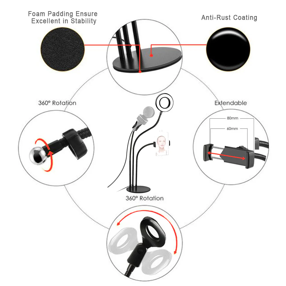 Vivitar Selfie Ring LED Light with Cellphone Stand and Microphone Holder for Live Stream Makeup, 3-Light Mode 10-Level Brightness Adjustment - Image 5