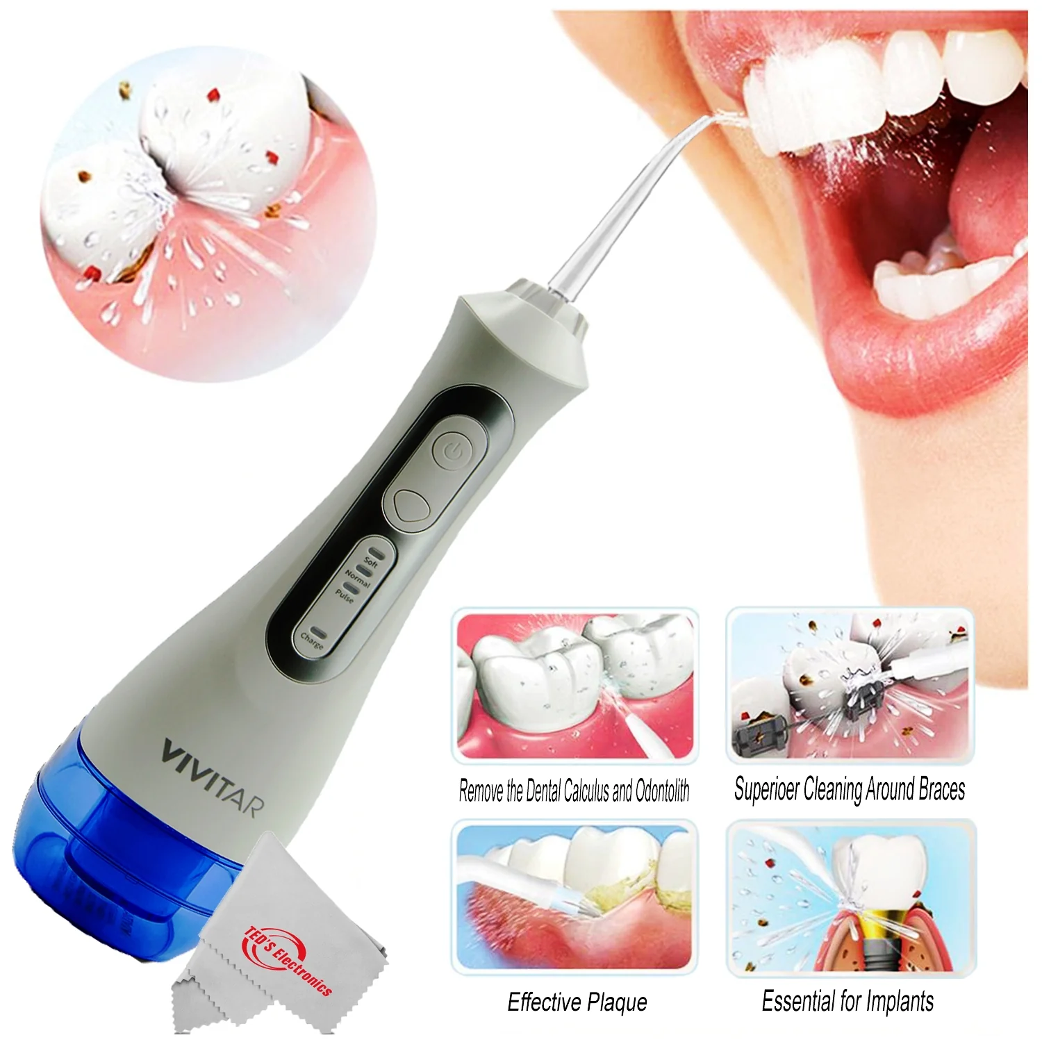 Vivitar Cordless & Rechargeable 360° Water Flosser 3 Modes and Memory Function with Heads Pack of 3 - Image 4