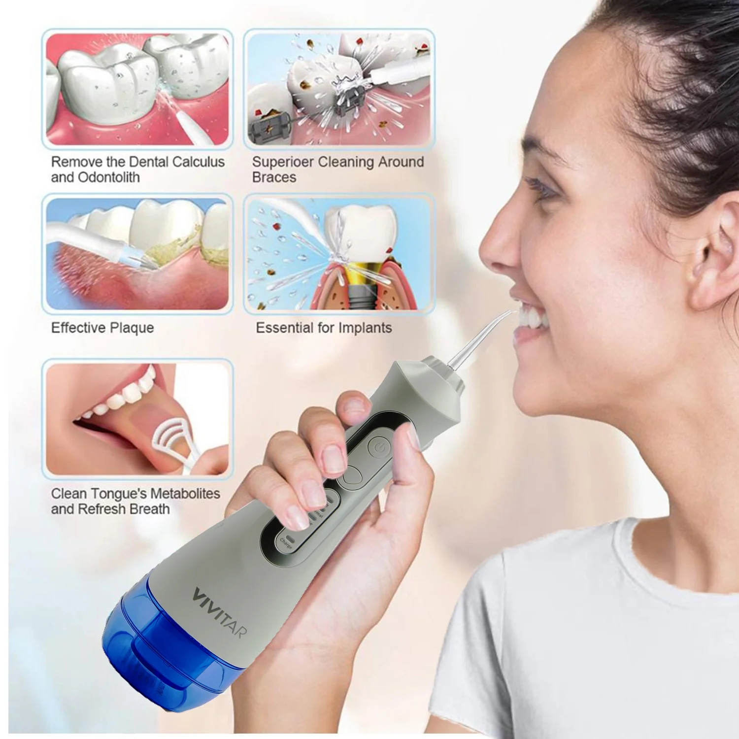 Vivitar Cordless & Rechargeable 360° Water Flosser 3 Modes and Memory Function with Heads Pack of 3 - Image 5