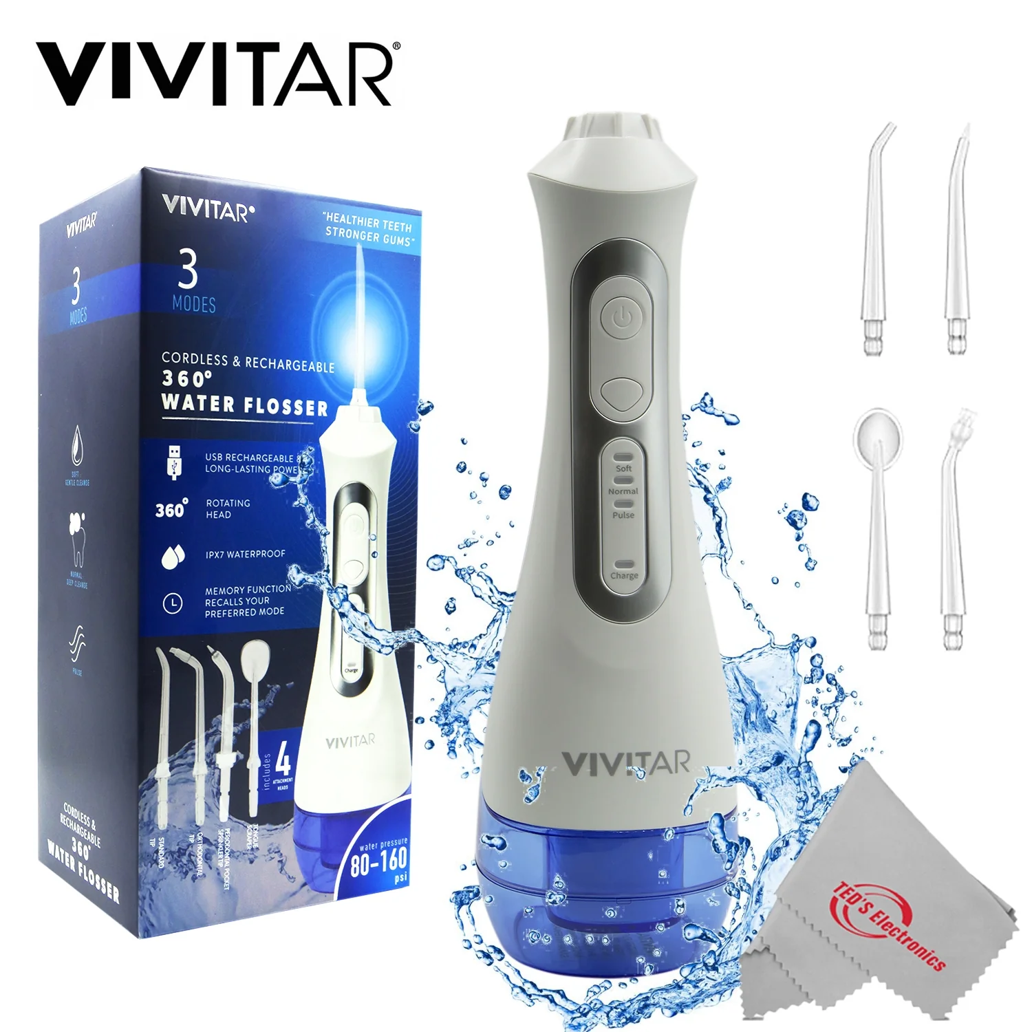 Vivitar Cordless & Rechargeable 360° Water Flosser 3 Modes and Memory Function with Heads Pack of 4 - Image 3