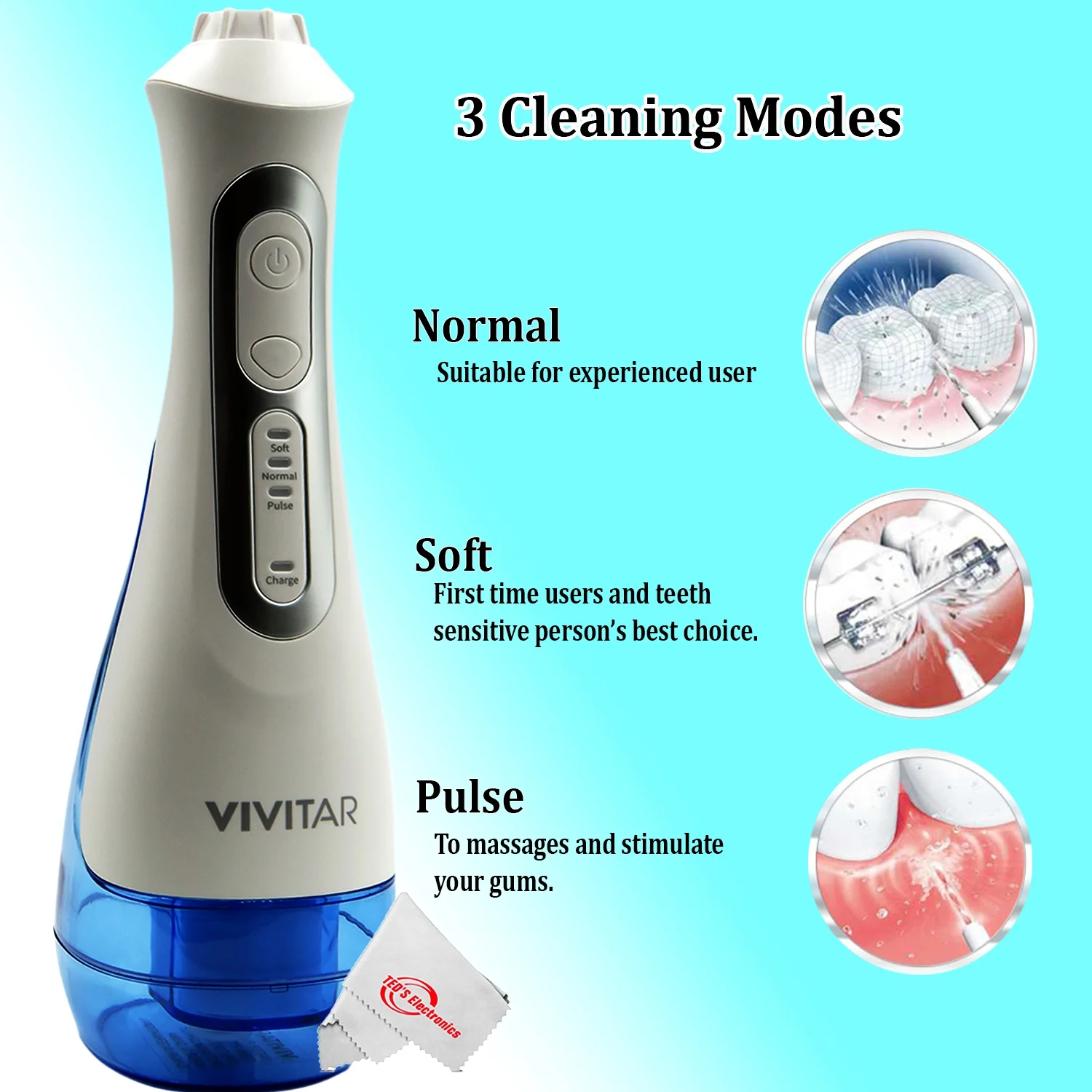 Vivitar Cordless & Rechargeable 360° Water Flosser 3 Modes and Memory Function with Heads Pack of 4 - Image 4