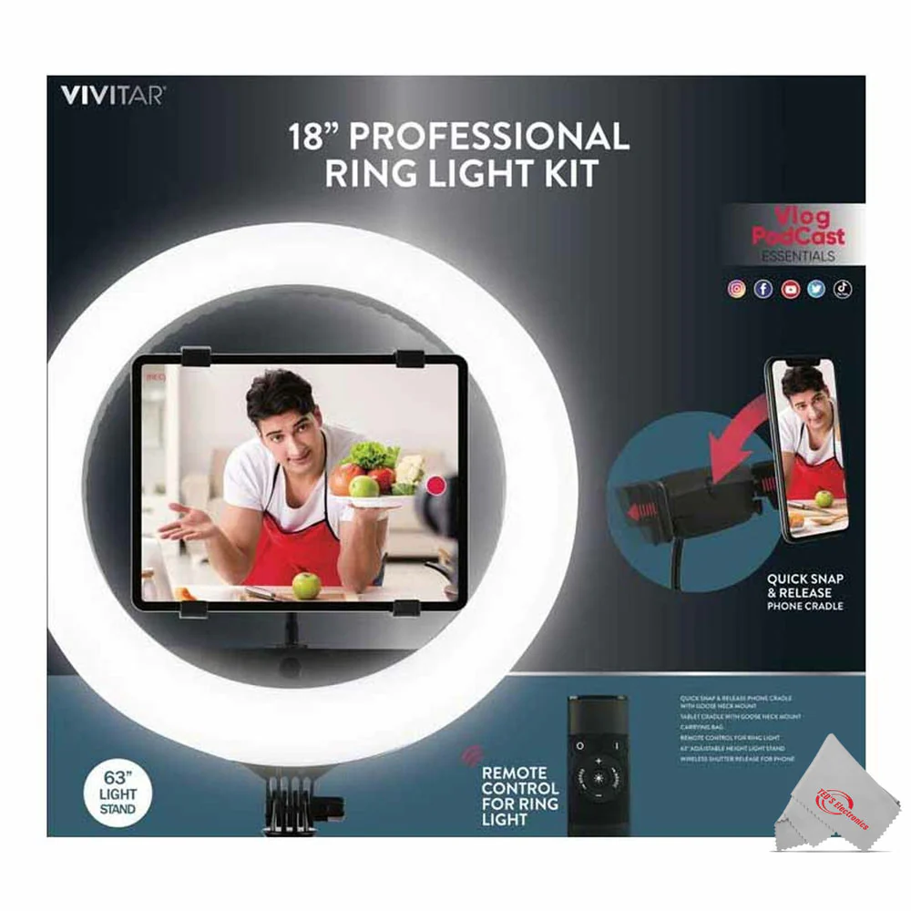 Vivitar 18" Professional Ring Light Kit With 63" Light Stand Vlog Podcast Stream Make-Up Essentials - Image 6