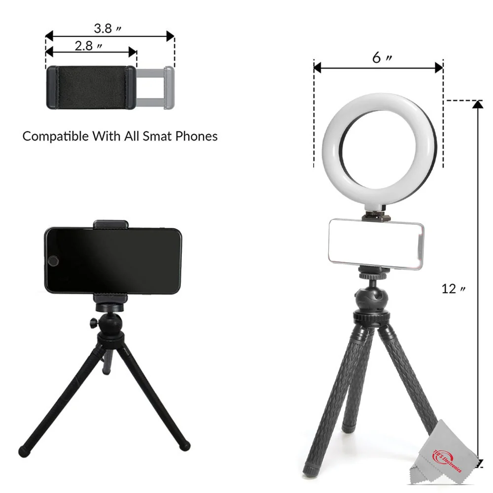 Vivitar Vlog Podcast Essentials 6 Inch LED Ring Light Dimmable Lamp for Iphone Smartphone with 12 Inch Stand - Image 5