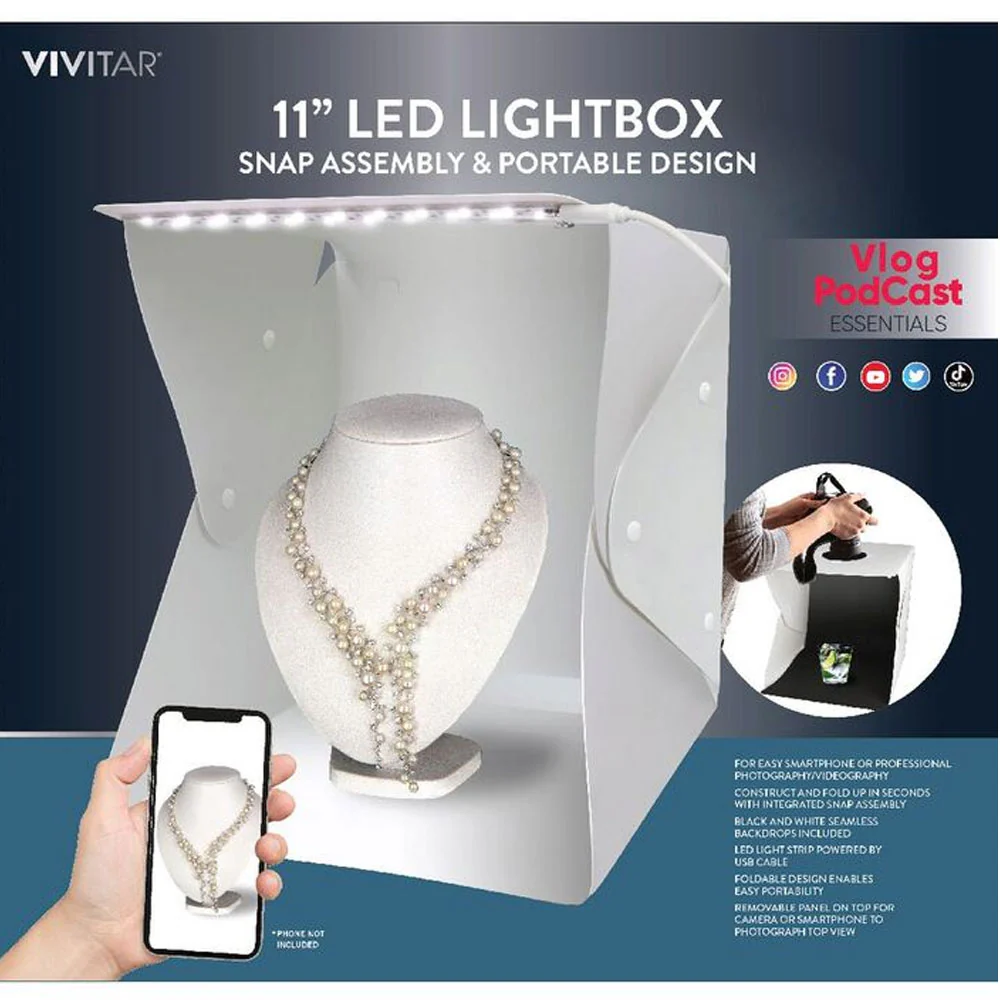 Vivitar 11 Inch Snap Assembly Portable Lightbox for Product Photography with White and Black Backdrops - Image 6