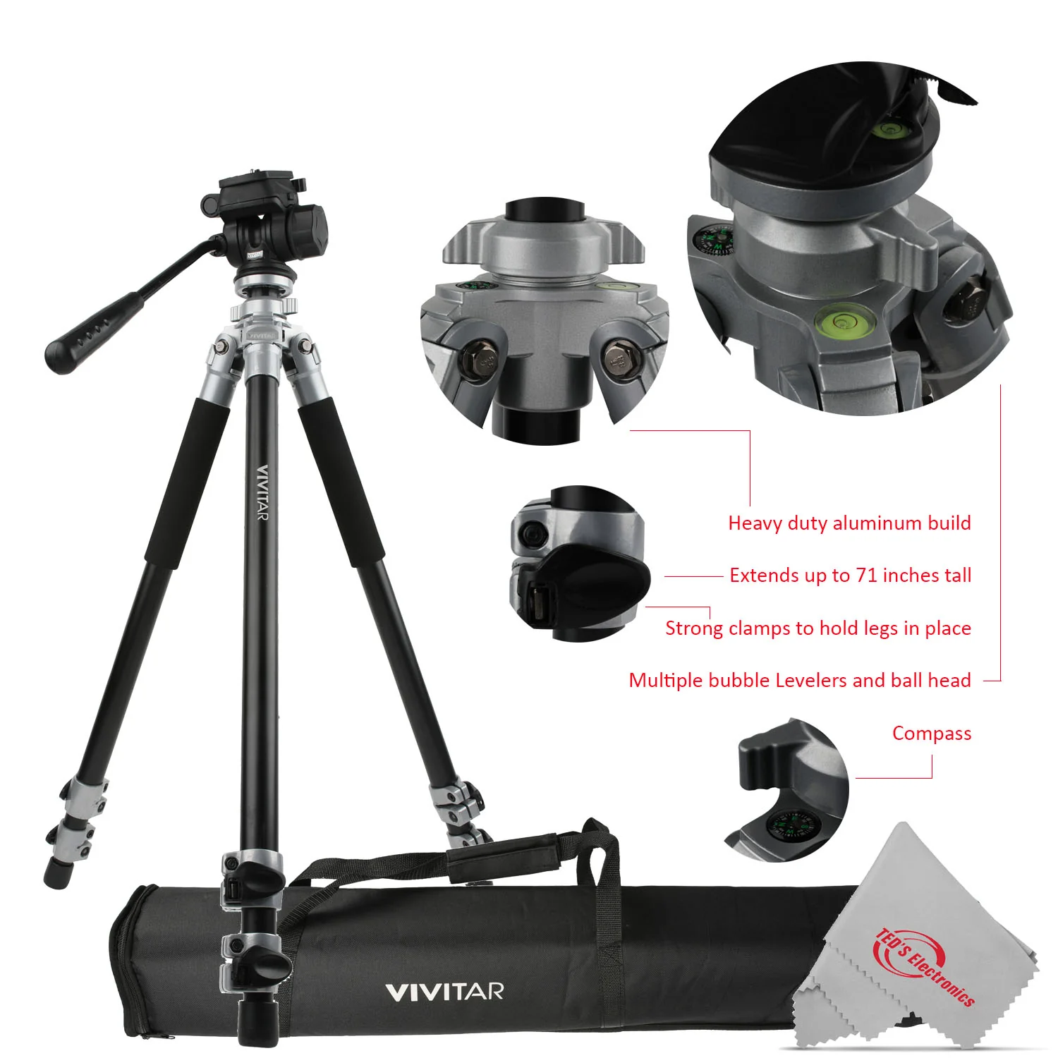 Vivitar Cinema 71 Inch Aluminum Alloy Tripod 360° Fluid Head with Pan Tilt - Image 2