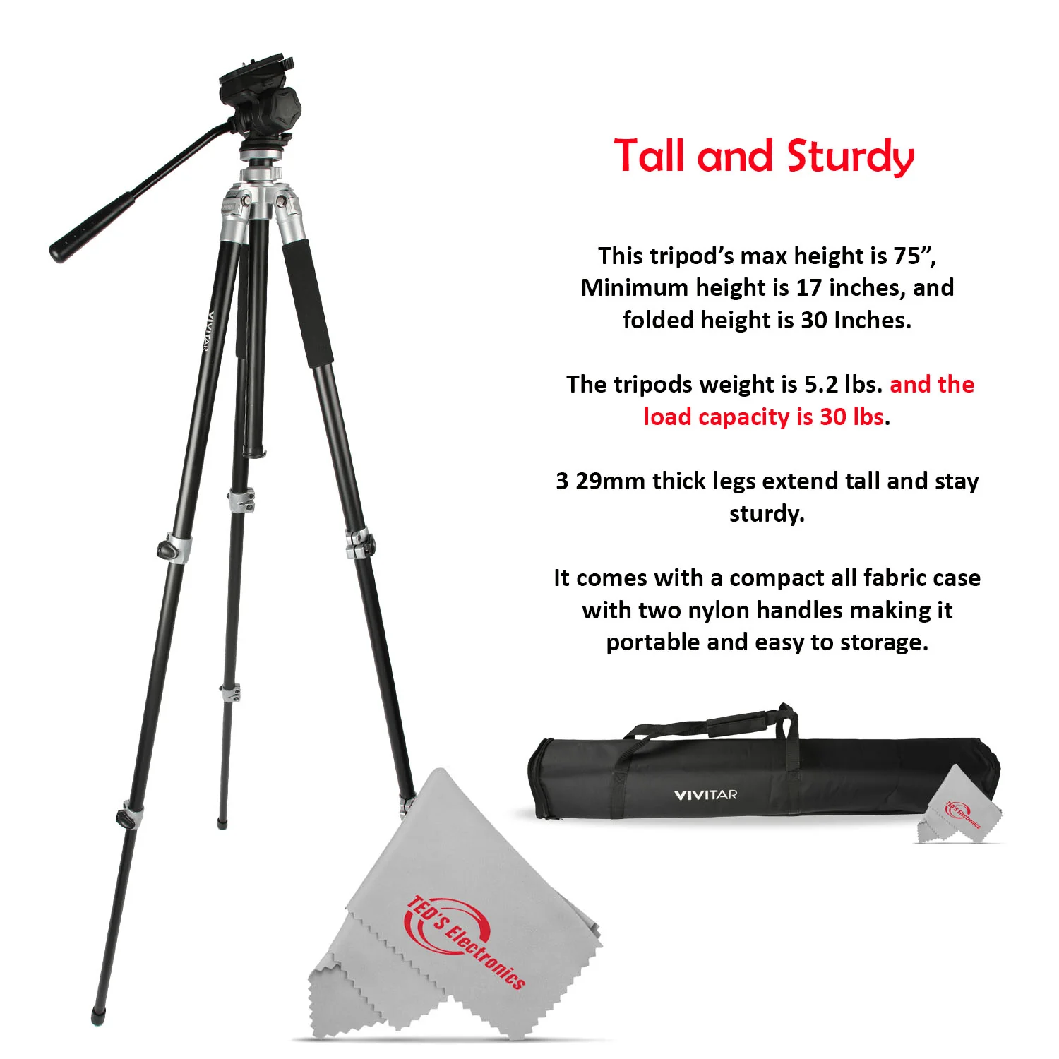 Vivitar Cinema 71 Inch Aluminum Alloy Tripod 360° Fluid Head with Pan Tilt - Image 3