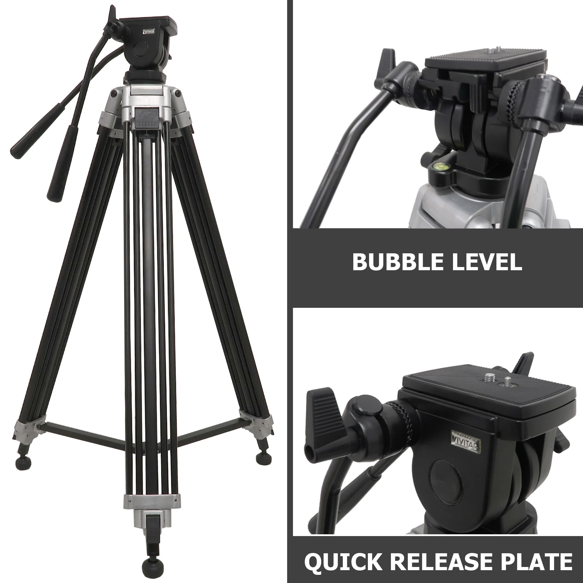 Vivitar Cinema Series 75" Aluminum Alloy Tripod Twin Handle Control Two-Way Fluid Head 360° Panning 30lbs Load Capacity - Image 4