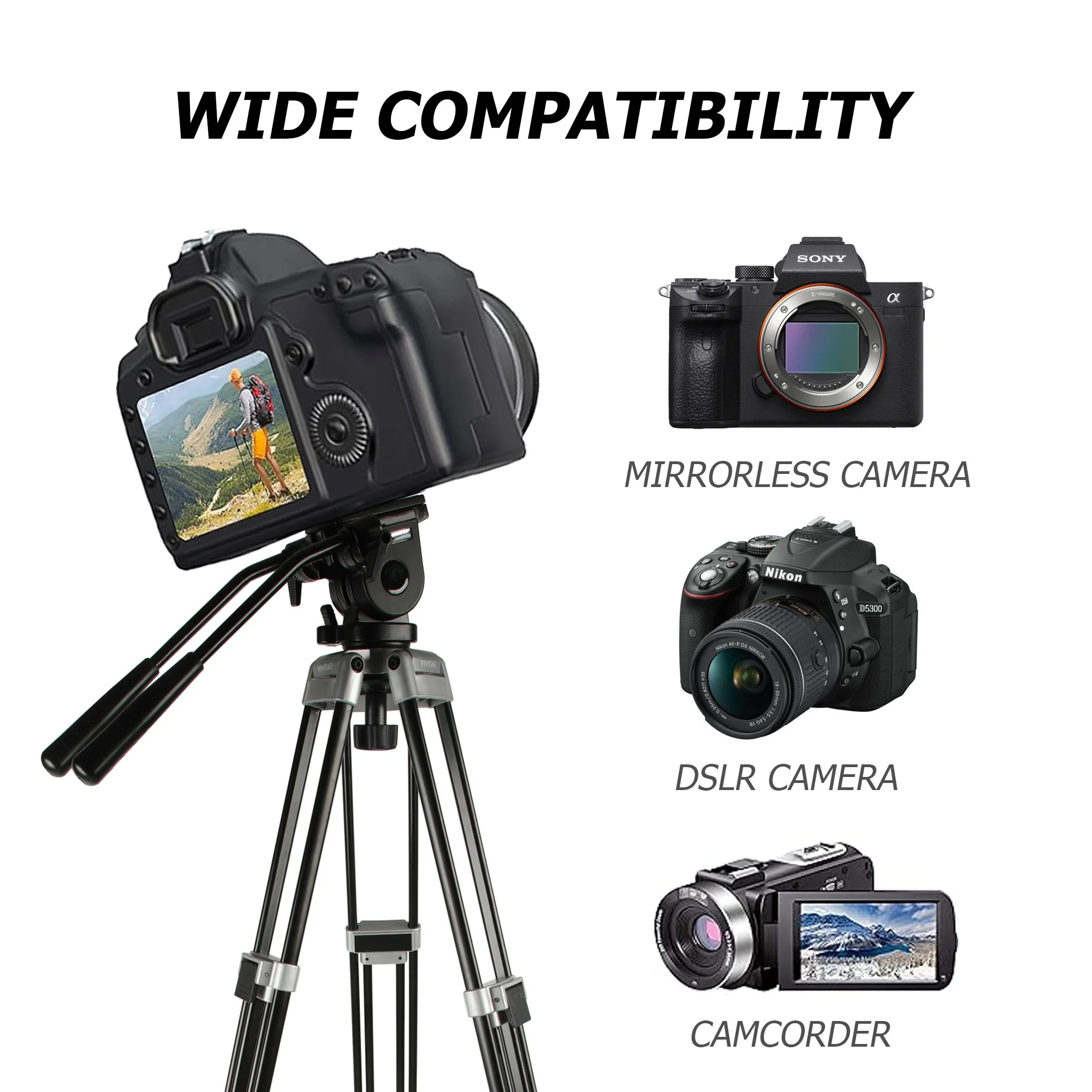 75" Aluminum Alloy Tripod  Twin Handle Control Two-Way Fluid Head 360° Panning 17lbs Load Capacity with Protective Carry Case - Image 3