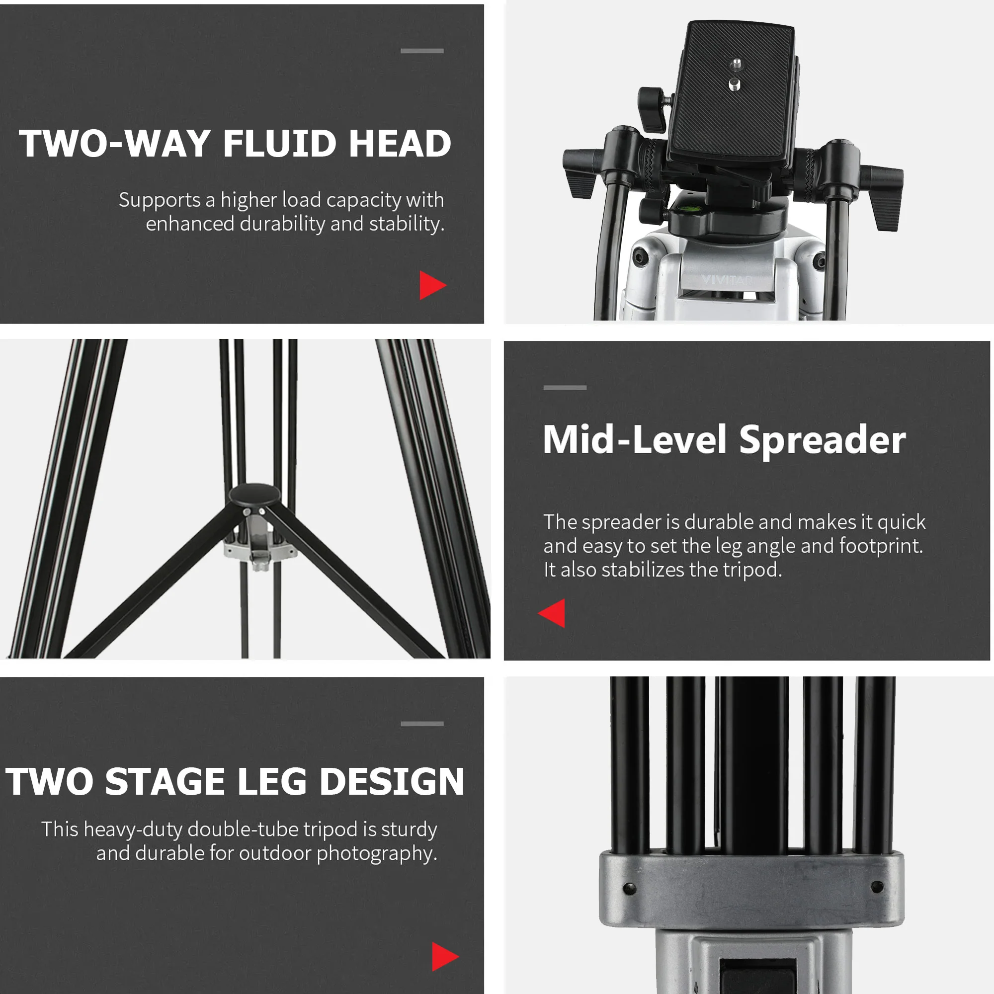 75" Aluminum Alloy Tripod  Twin Handle Control Two-Way Fluid Head 360° Panning 17lbs Load Capacity with Protective Carry Case - Image 5