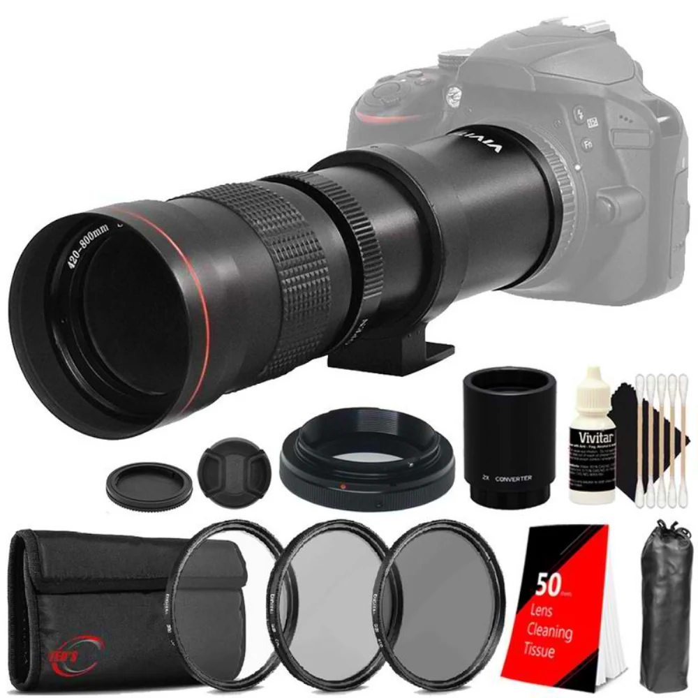 Vivitar 420-800mm F8.3 Telephoto Zoom Lens for Canon + T-mount for Canon + 2x Converter + UV CPL ND Kit + Lens Tissue + 3pc Cleaning Kit