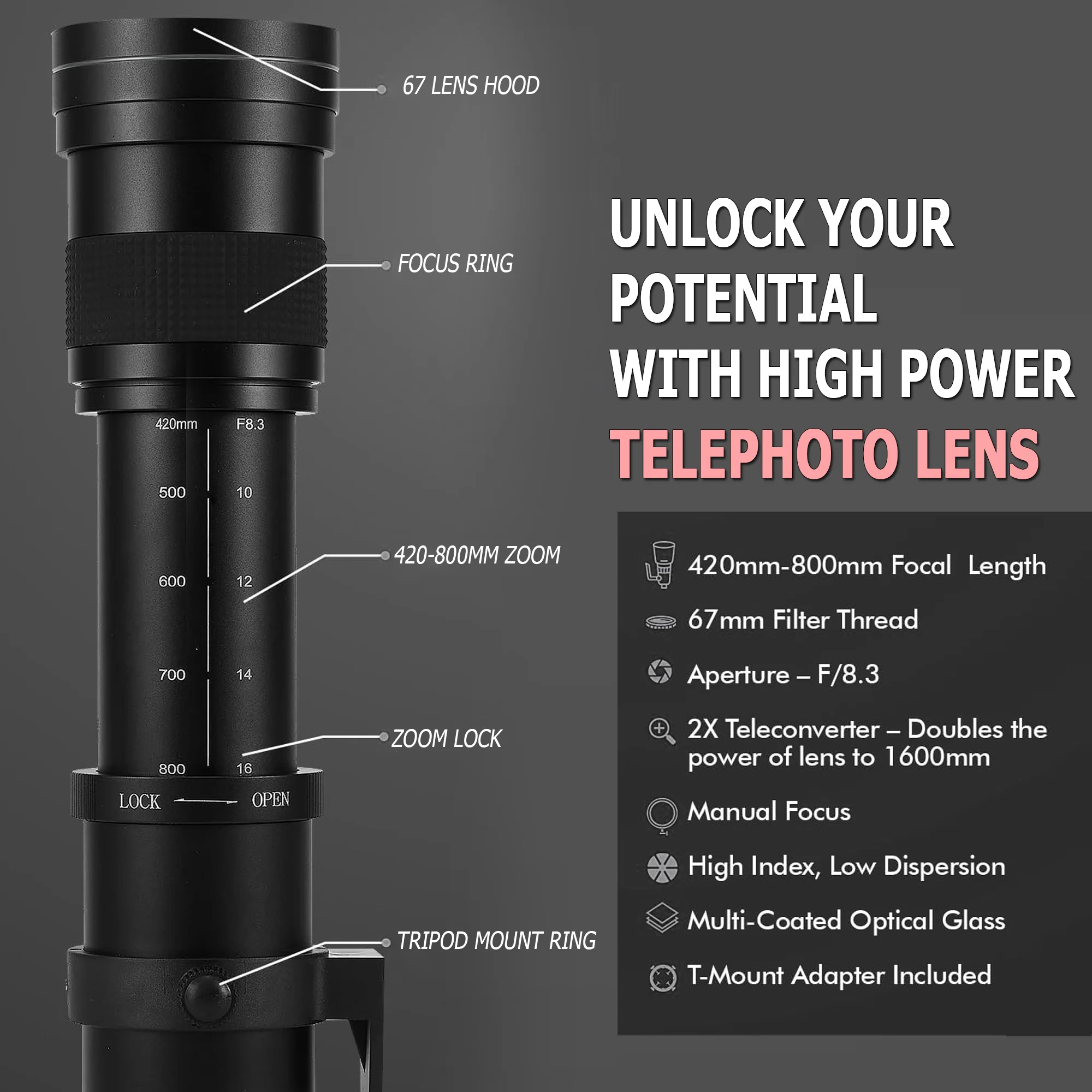 420-1600mm f/8.3 HD Manual Super Telephoto Zoom Lens for Canon EOS M50 M50 II M100 M200 M6 M6 II M7 M7II - Image 7