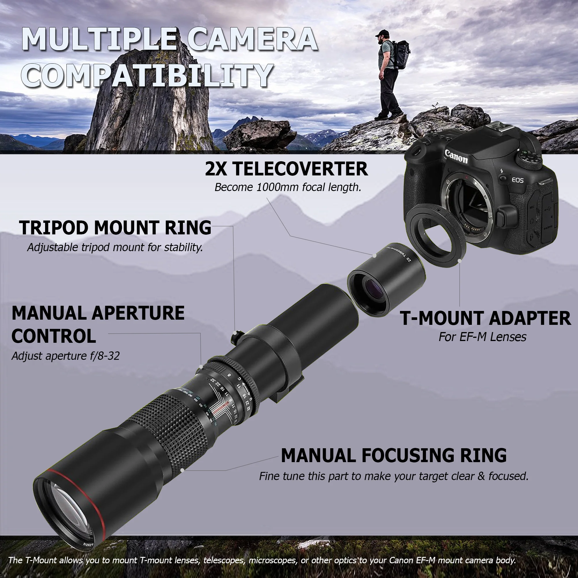 420-1600mm f/8.3 HD Manual Super Telephoto Zoom Lens for Canon EOS M50 M50 II M100 M200 M6 M6 II M7 M7II - Image 8