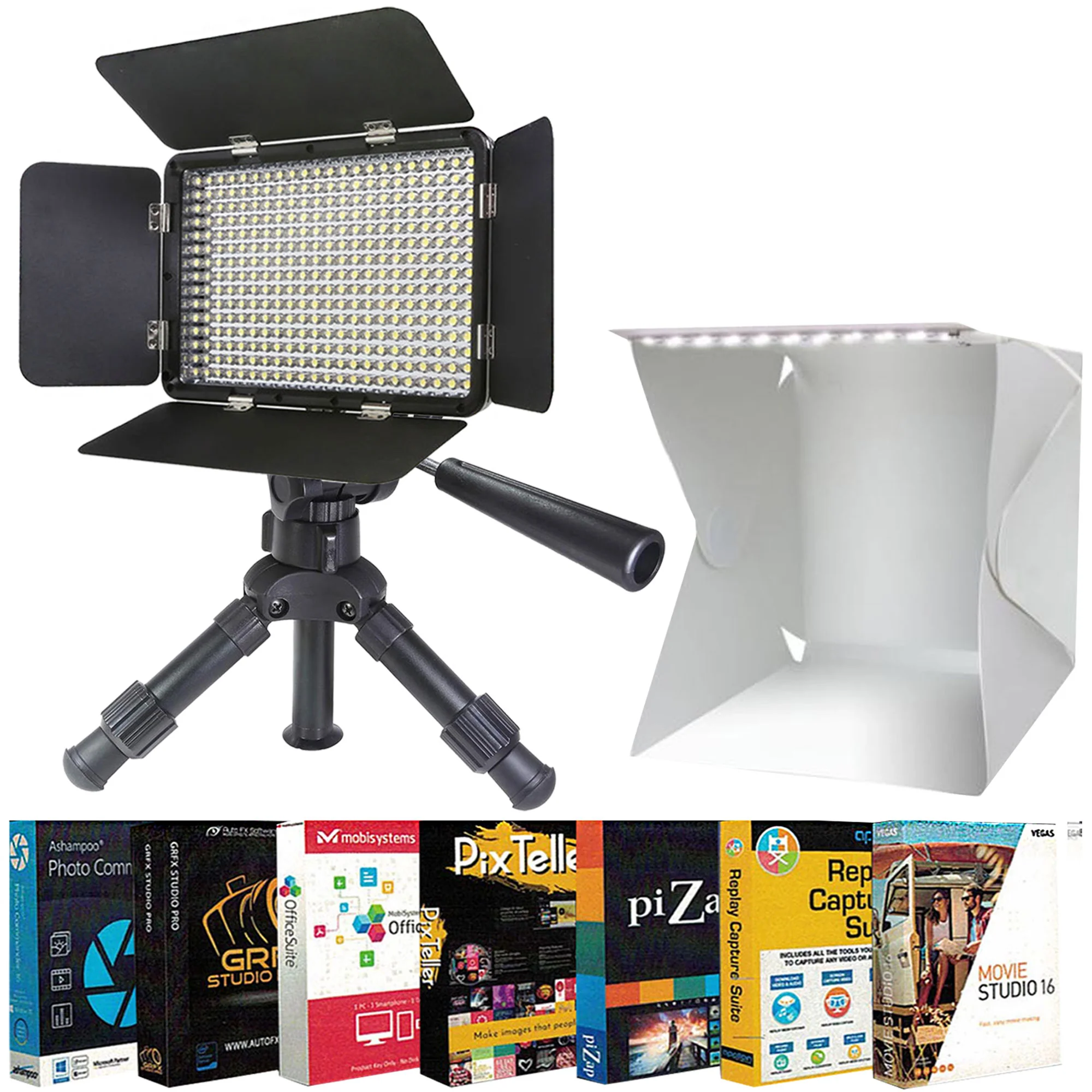 Mini Product Photography Studio Includes Super-Powerfull 330 bead LED Light on Tripod + 11-Inch Collapsible Lightbox + Photo Editing Softwares