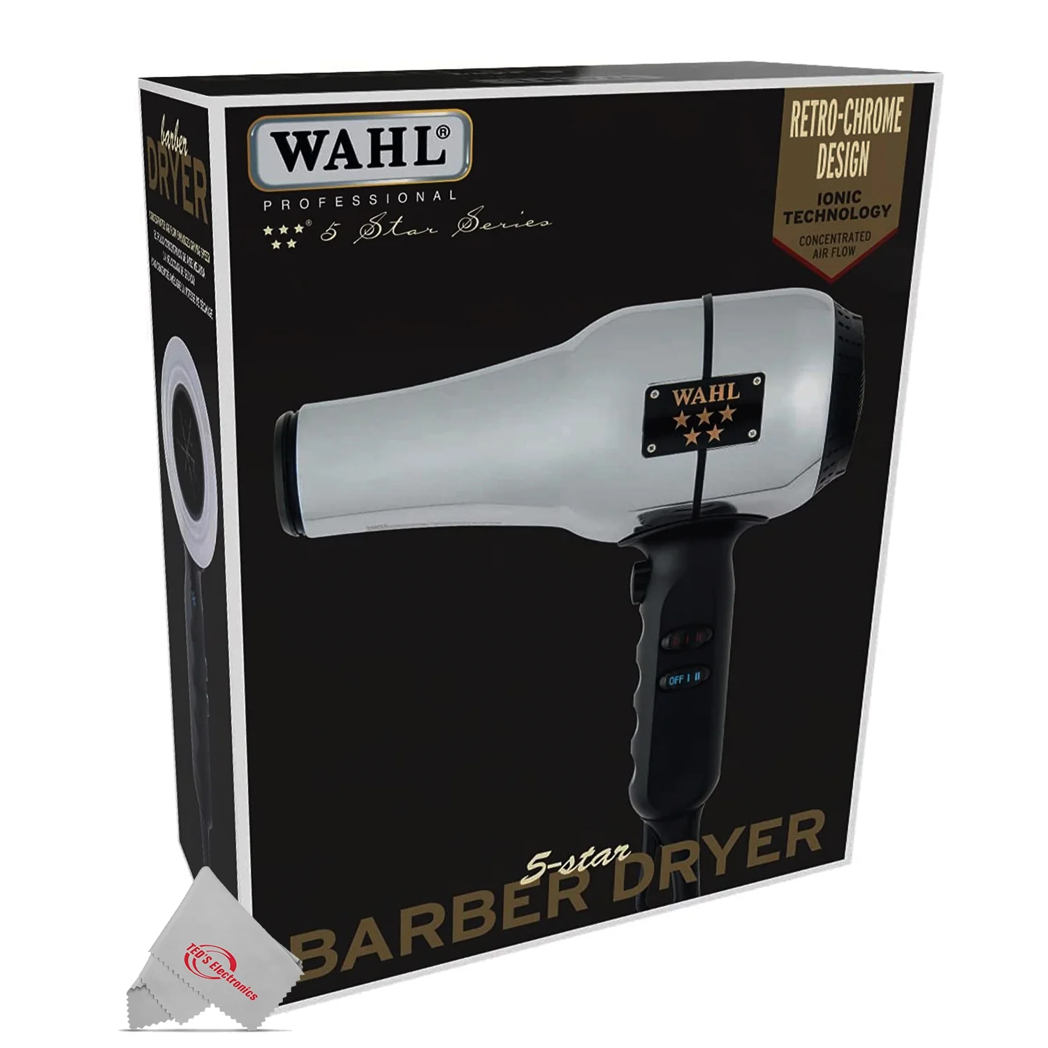 Wahl Professional 5-Star Series Ionic Retro-Chrome Design Barber Hair Dryer #05054 with 2 Concentrator Nozzles - Image 2