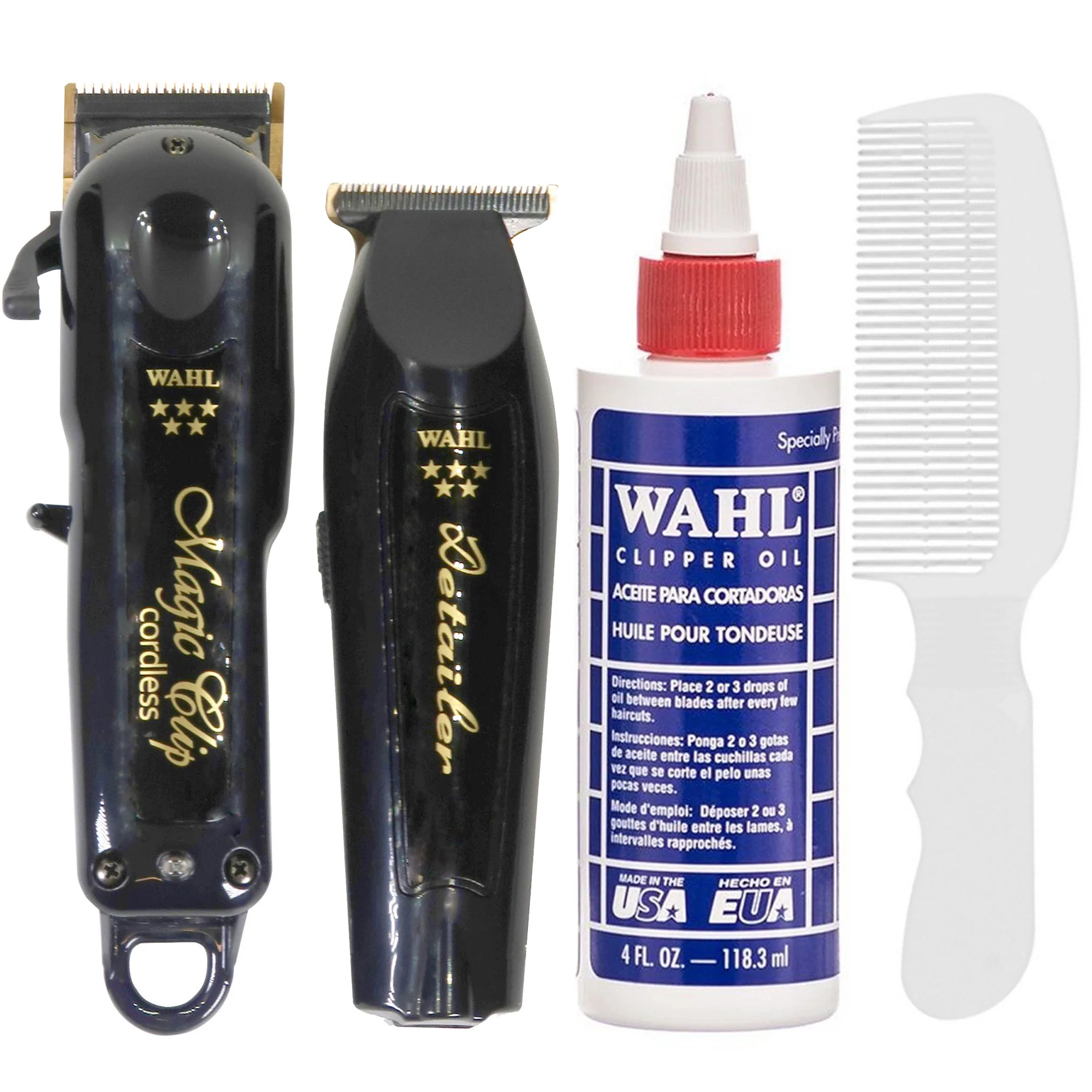 Wahl Barber Combo - 5 Star Cordless Magic Clip & Cordless Detailer Li #3025397 with Wahl Clipper Oil 4 oz and Flat Top Comb White