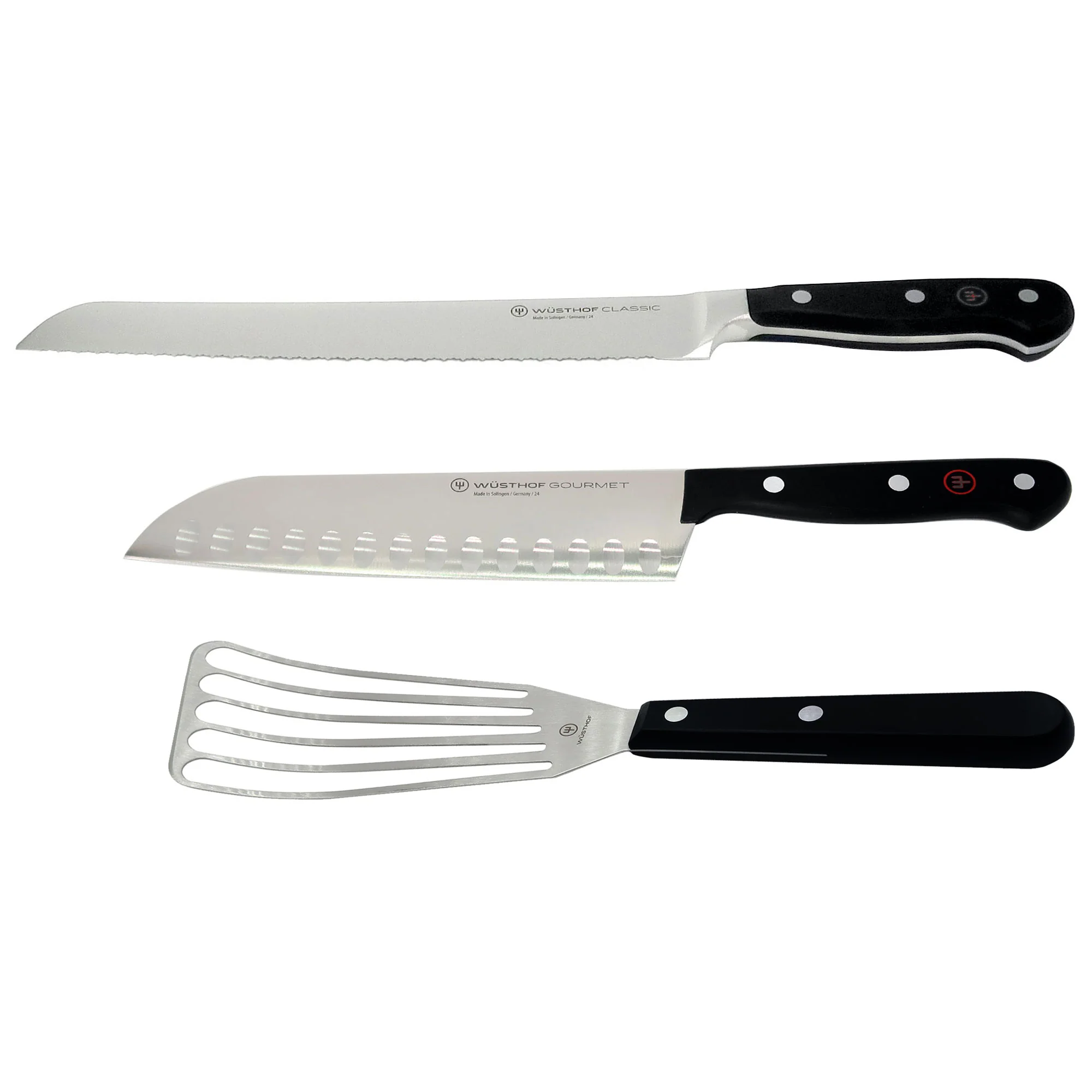 Wusthof Classic 9" Bread Knife with Wusthof Gourmet 6½” Slotted Fish Spatula #9035092117 and Wusthof Gourmet 7" Hollow Edge Santoku Knife