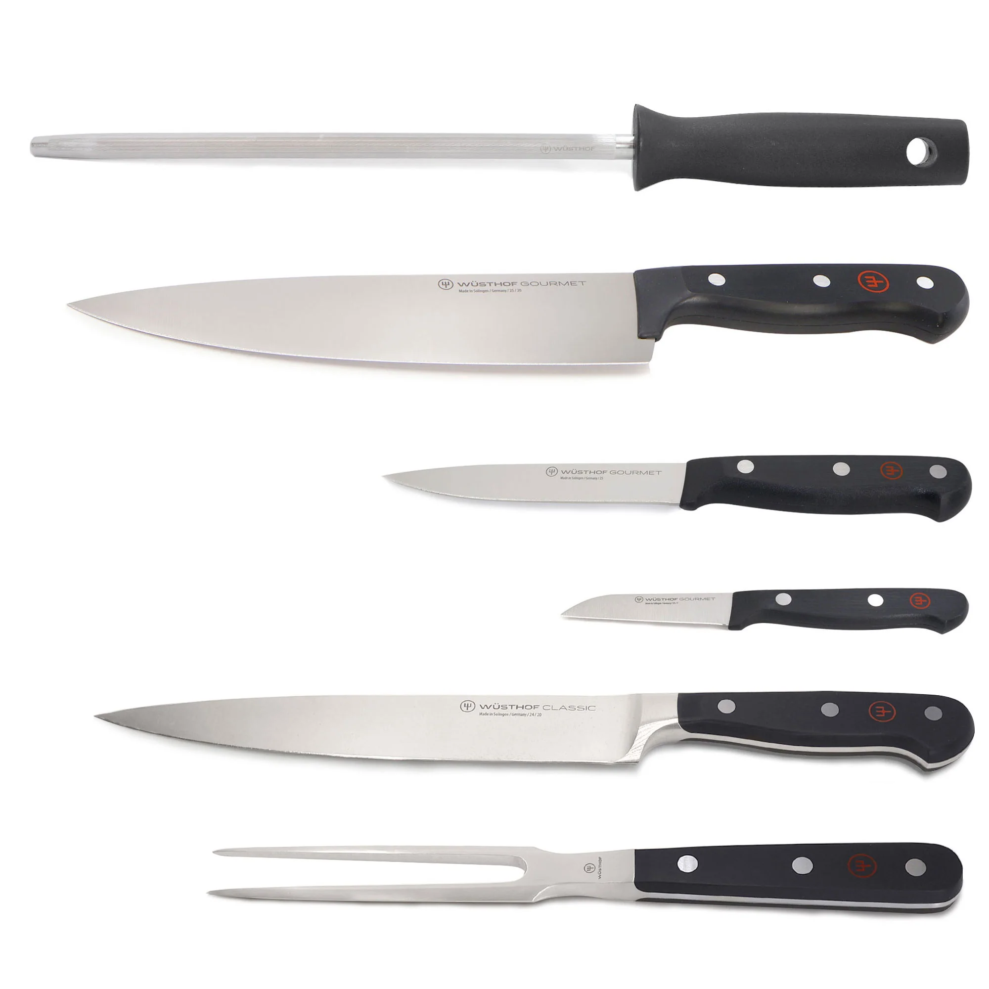 Wusthof Gourmet 4-Pc Chef's Knife Set  (8" Chef's, 2.75" Paring, 4.5" Utility, Honing Steel) + 2-Pc Carving Set (Classic 8" Carving, Classic 6" Meat Fork)