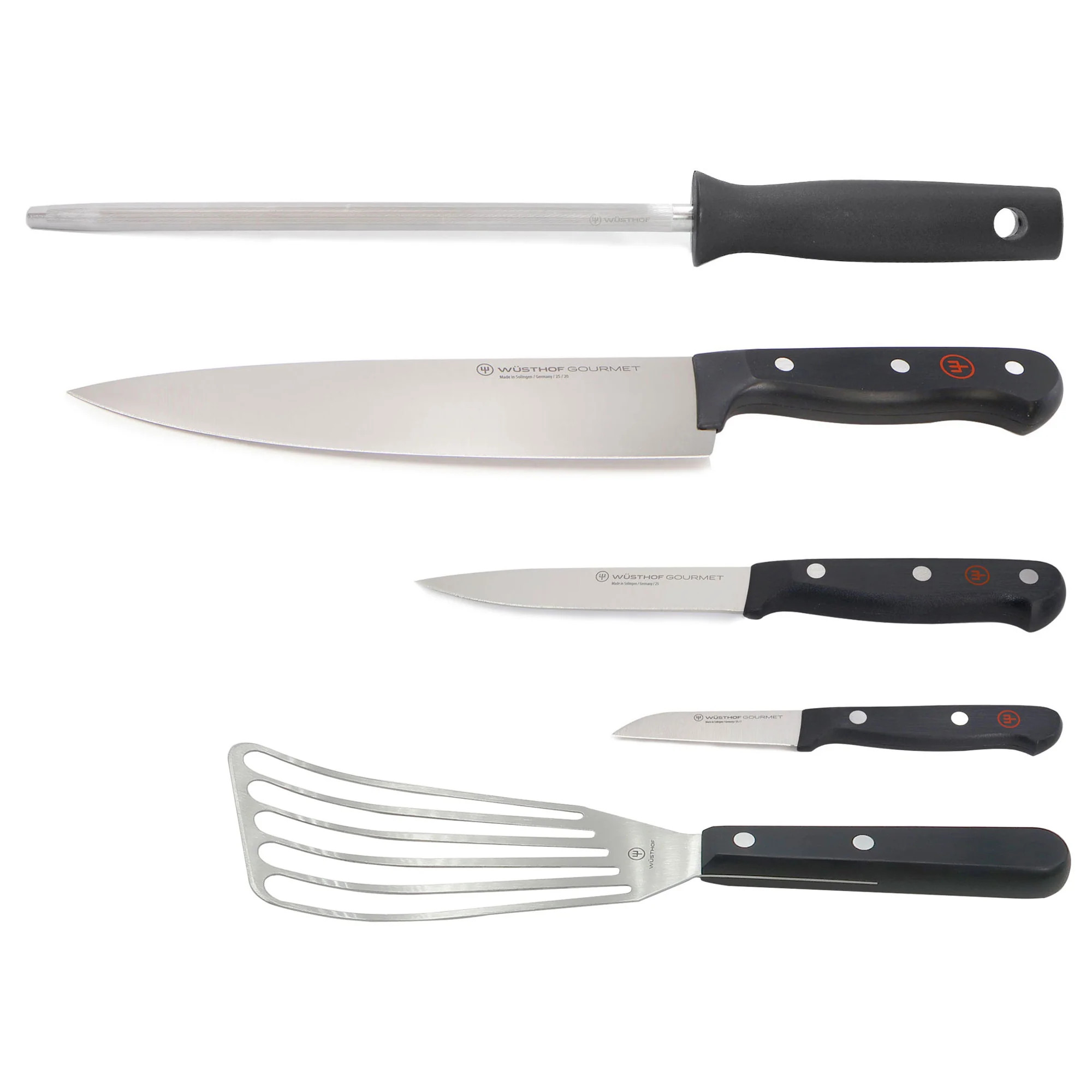 Wusthof Gourmet 4-Piece Chef's Knife Set - Includes 8" Chef's Knife, 2.75" Paring Knife, 4.5" Utility Knife, Honing Steel + Gourmet 6 1/2” Slotted Fish Spatula