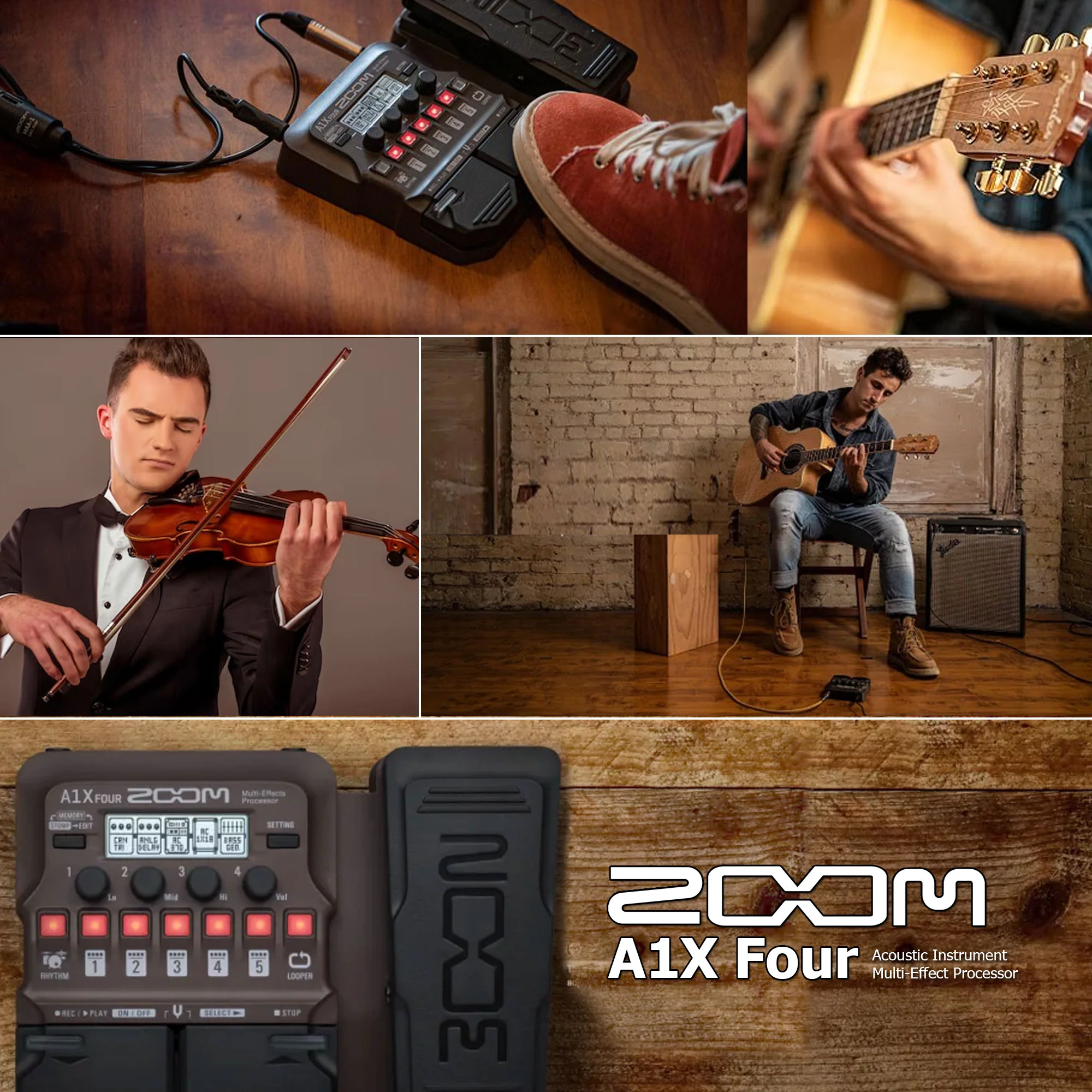 Zoom A1X Four Acoustic Instrument Multi-Effect Processor with 2x Pig Hog Instrument Cable 1/4" to 1/4" Right Angle Connectors and Power 9V DC 1000ma Power Supply - Image 2