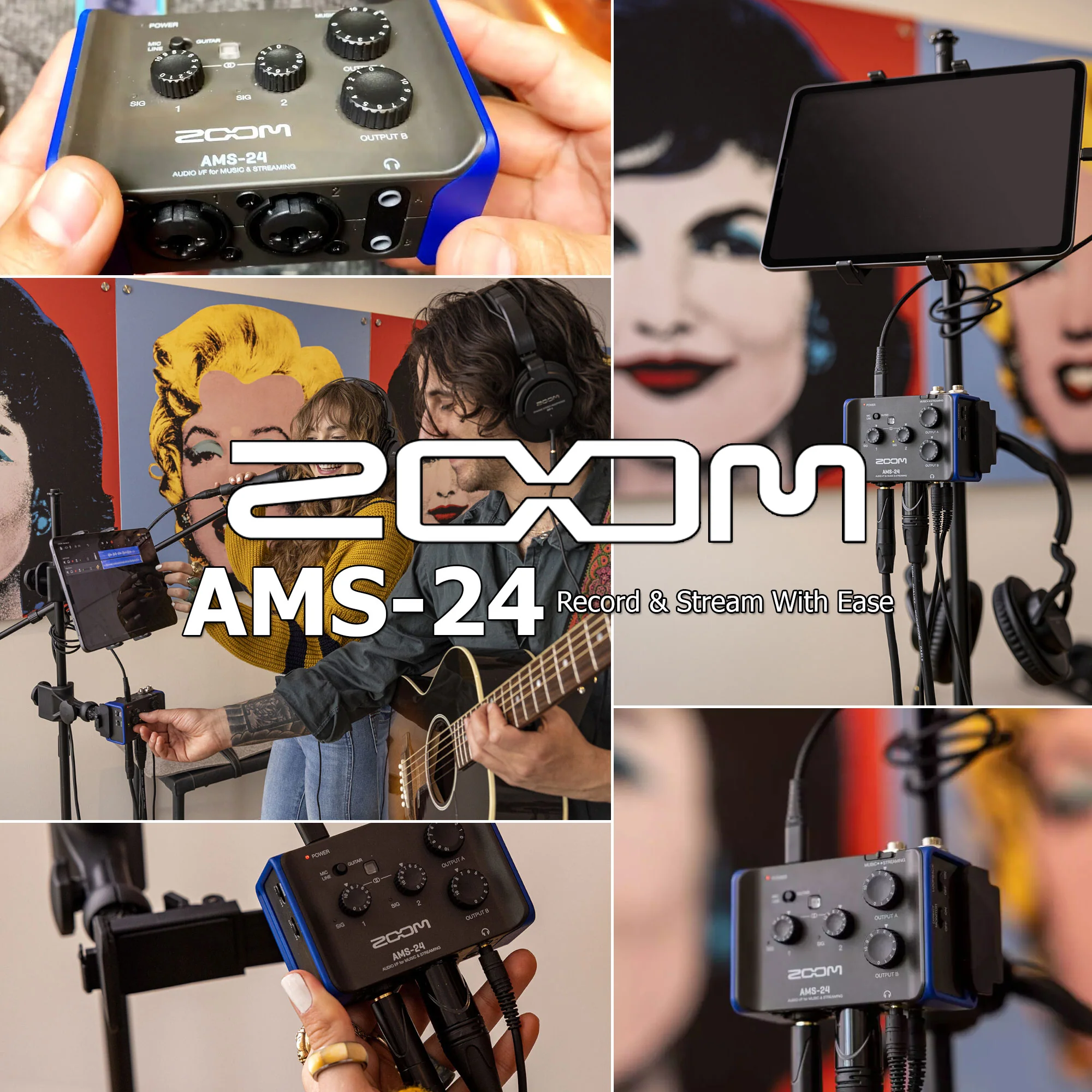 Zoom AMS-24 2x4 USB Audio Interface for Music and Streaming with Samson SR350 Over-Ear Stereo Headphones (Special Edition Blue) and Pig Hog Cables - Image 2