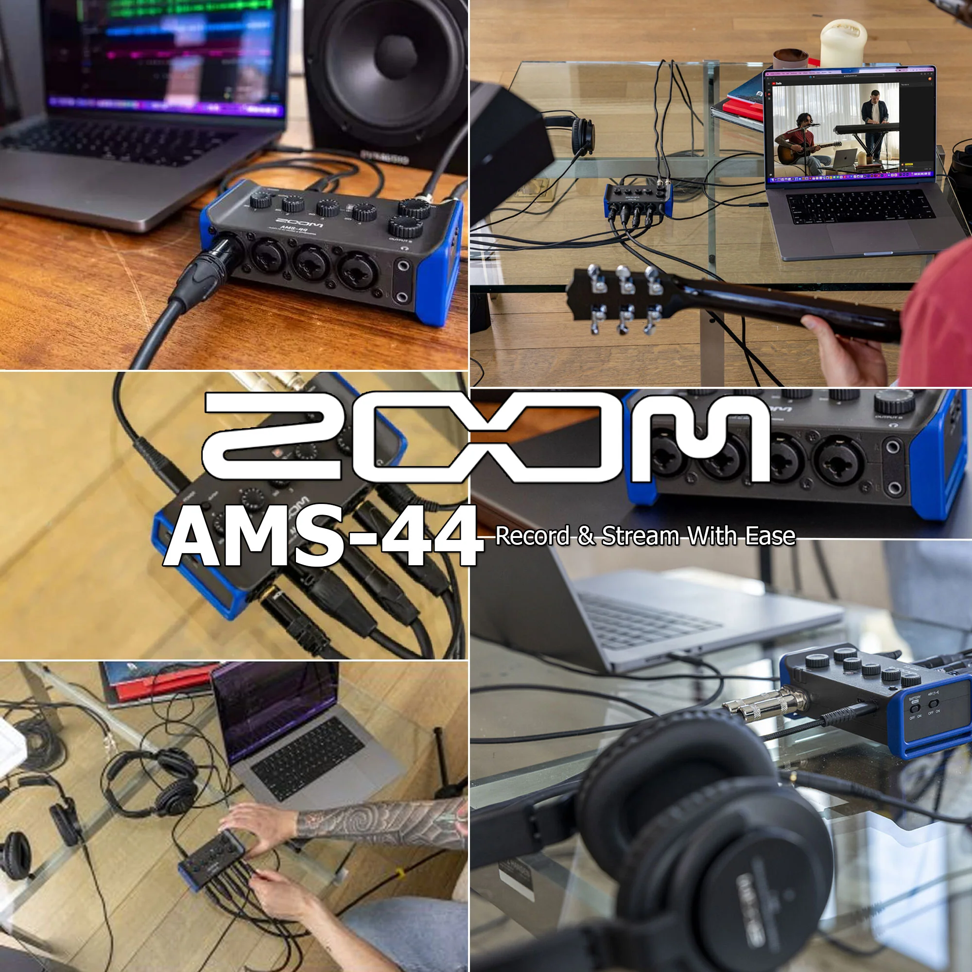 Zoom AMS-44 4x4 USB Audio Interface for Music and Streaming with  Samson SR350 Over-Ear Stereo Headphones and 4x Pig Hog 8mm XLR Microphone Cable Male to Female - Image 2