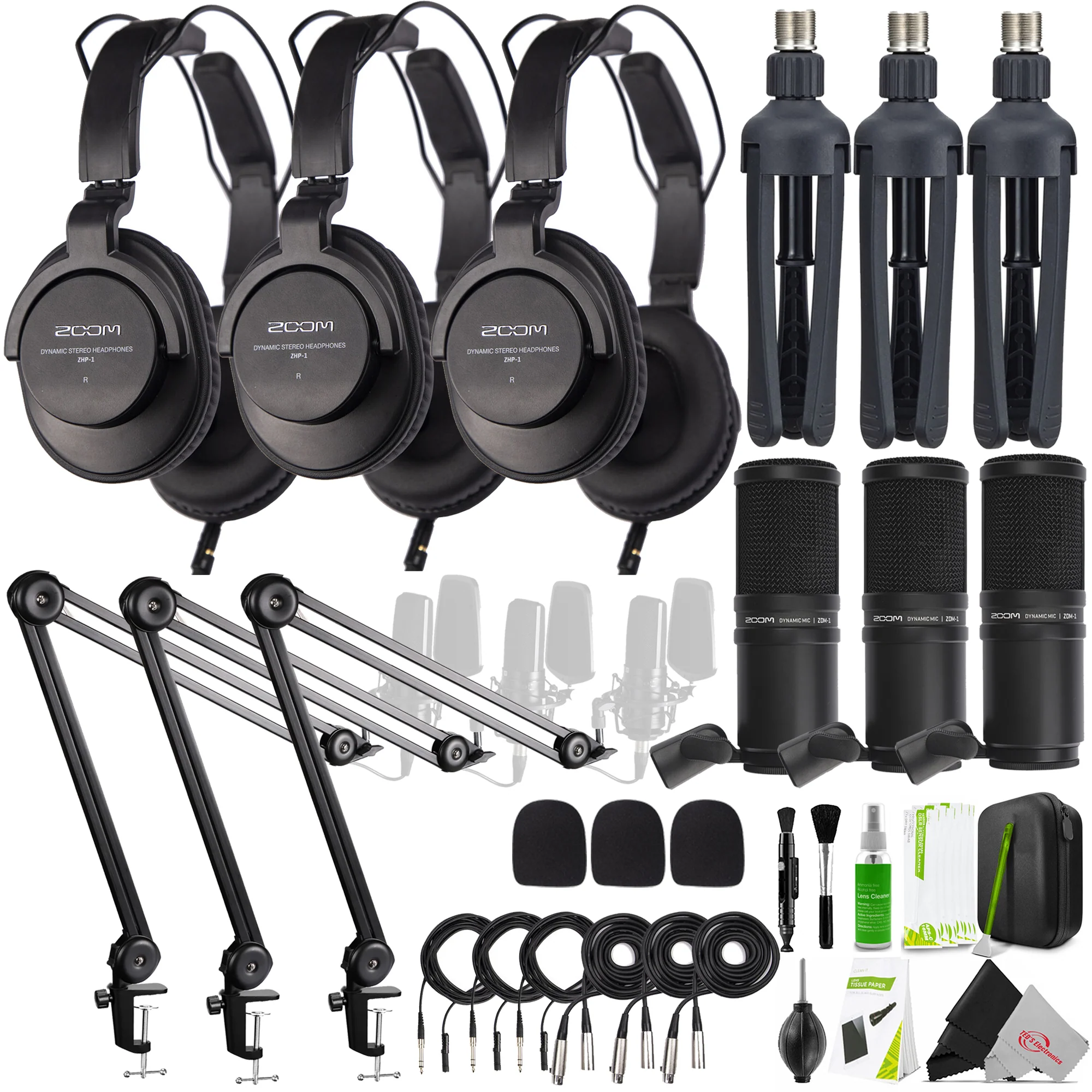 3x Zoom ZDM-1 Podcast Mic Pack Bundle w/ Microphone, Headphones, Tripod, Windscreen & Cable + 3x Boya BY-BA20 Aluminum Alloy Microphone Stand Bracket and Cleaning Kit