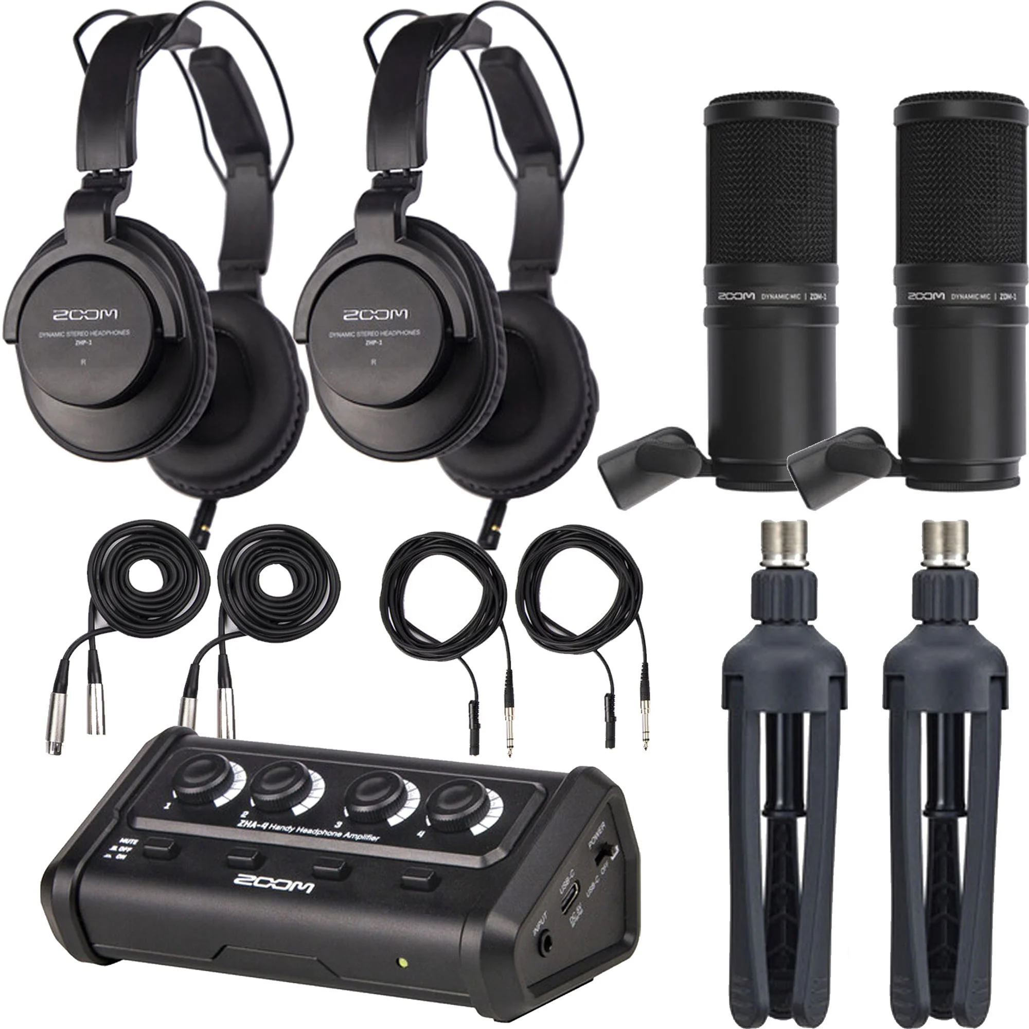 2x Zoom ZDM-1 Podcast Mic Pack Accessory Bundle With Microphone, Headphones, Tripod, Windscreen & Cable and ZOOM ZHA-4 Handy Headphone Amplifier