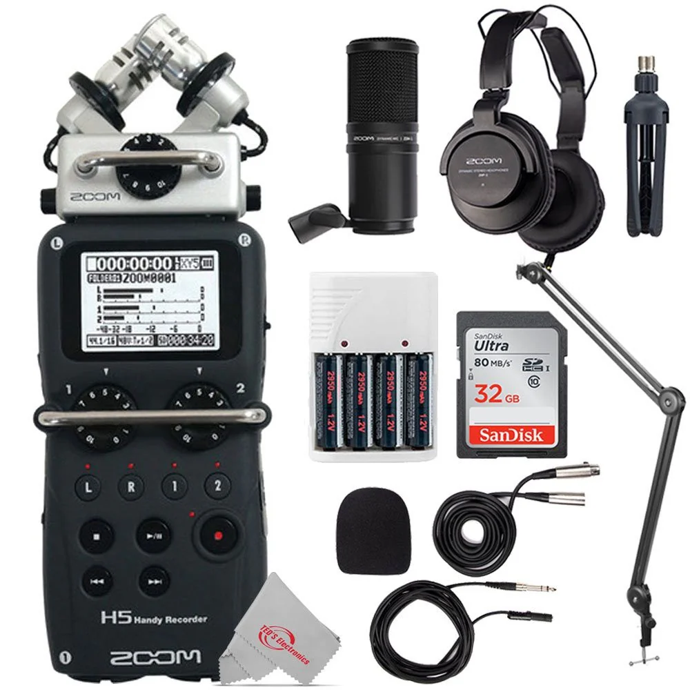 Zoom H5 4-Input / 4-Track Portable Handy Digital Recorder with Interchangeable X/Y Mic Capsule + Boya BY-BA20 Aluminum Alloy Desk Holder Microphone Stand Bracket + Zoom ZDM-1 Podcast Mic Pack Accessory Bundle + 32GB Memory Card + Battery & Charger